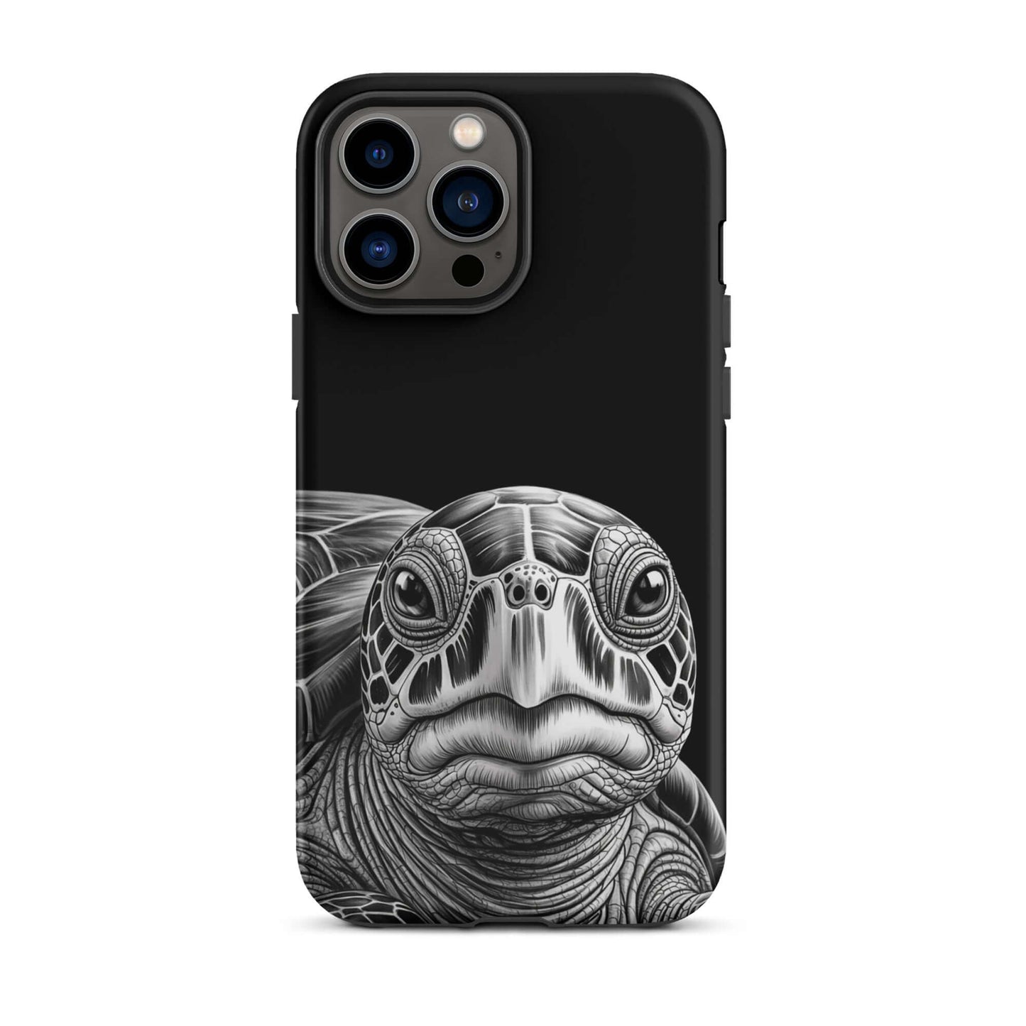 Phone Case for iPhone with ancient sea turtle art in black and white, showcasing intricate shell and soulful gaze.