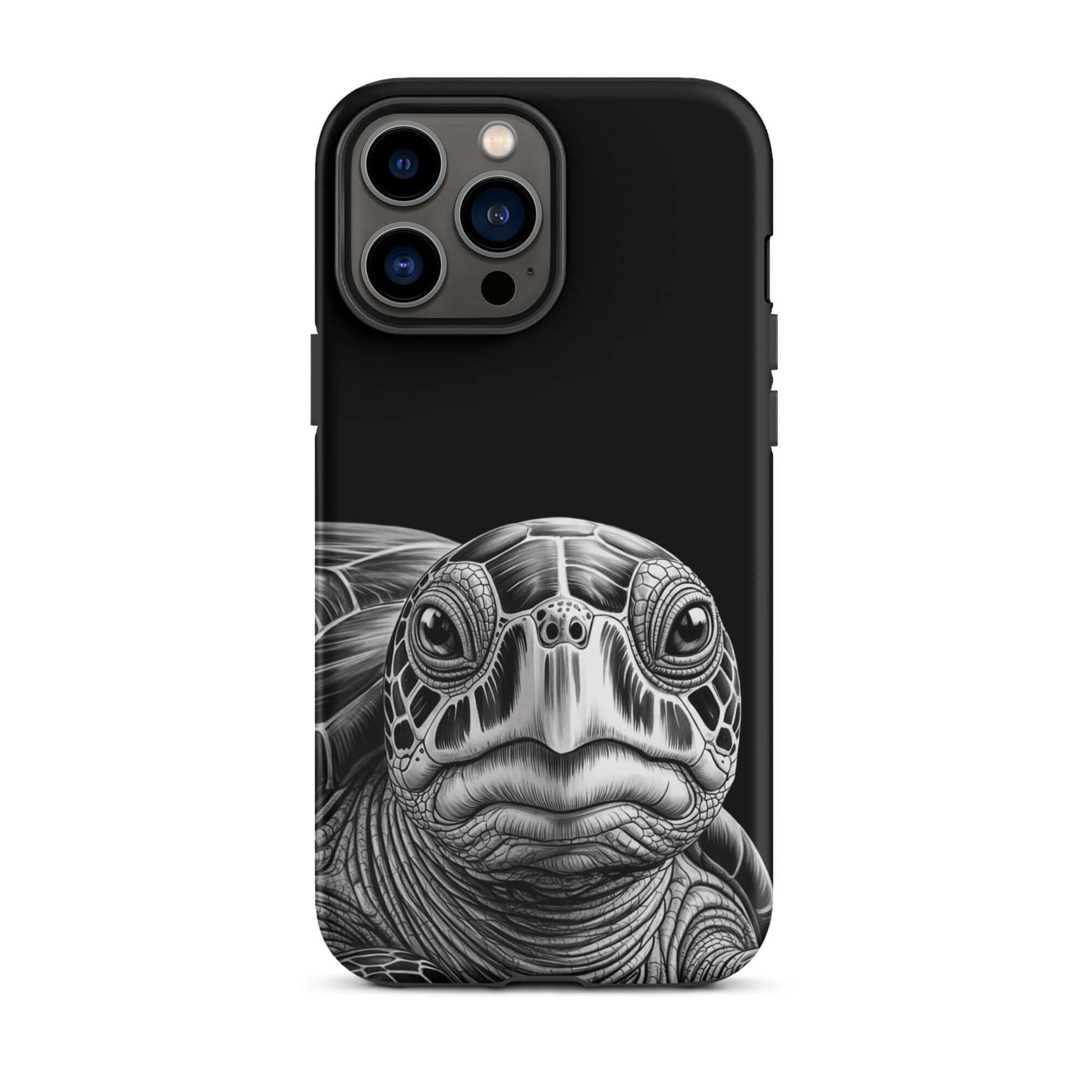 Phone Case for iPhone with ancient sea turtle art in black and white, showcasing intricate shell and soulful gaze.