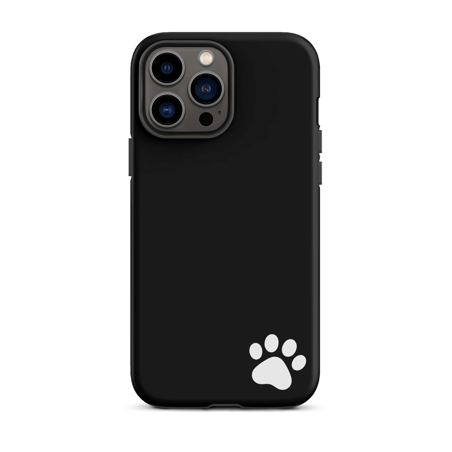 Sleek black Phone Case for iPhone with a minimalist white paw print design in the lower right corner