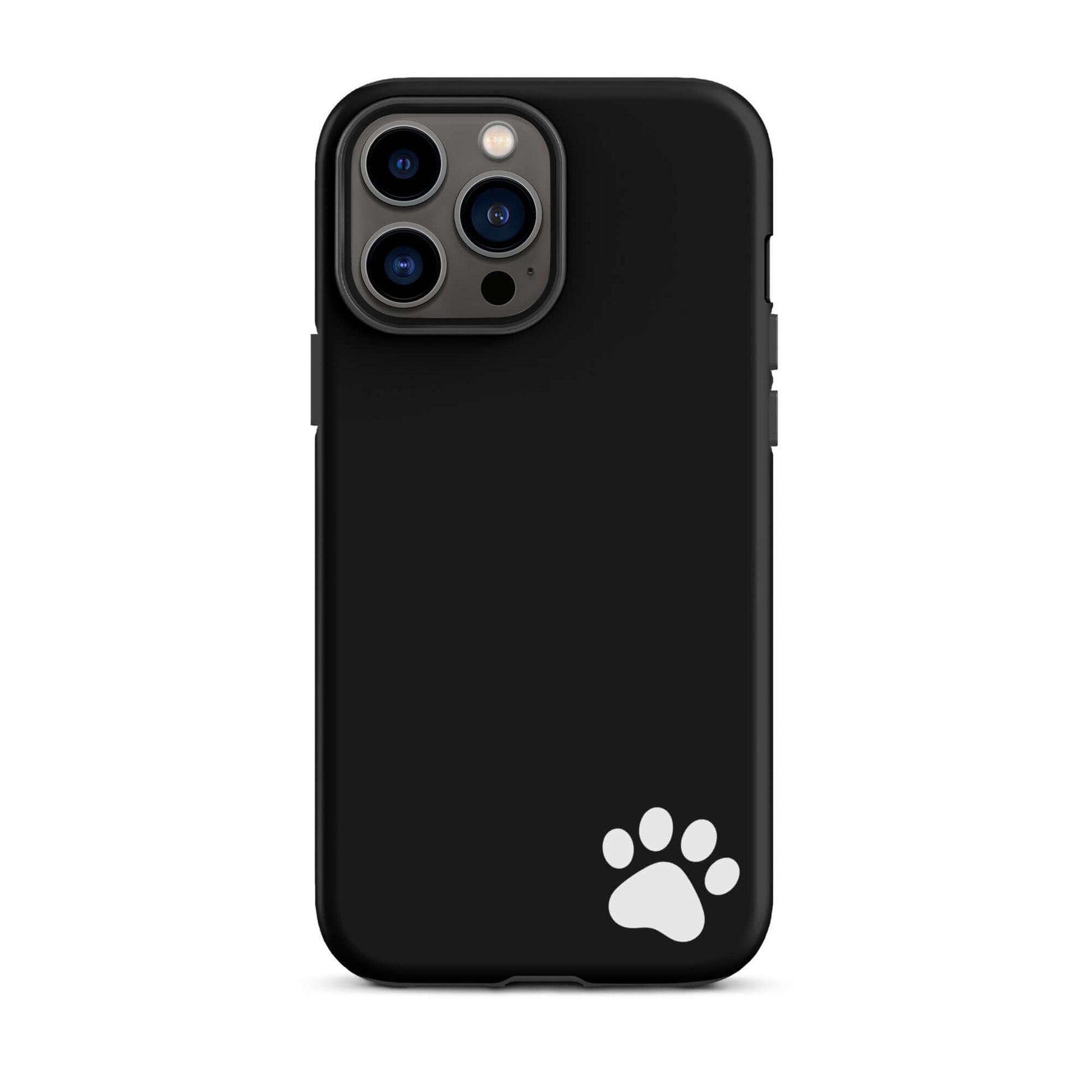 Sleek black Phone Case for iPhone with a minimalist white paw print design in the lower right corner
