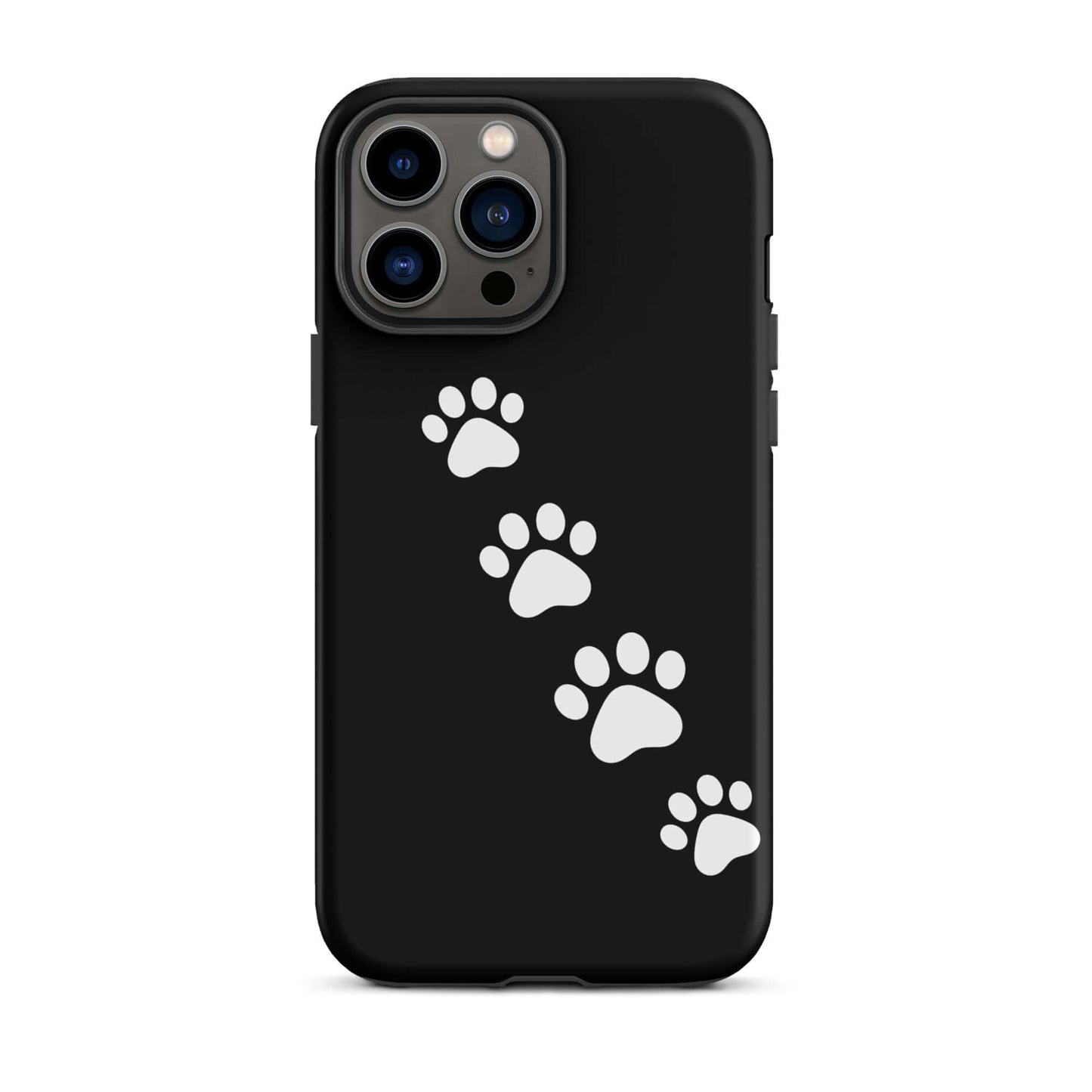 Phone case with paw-print trail design for iPhone, featuring white paw prints on a black background, perfect for pet lovers.