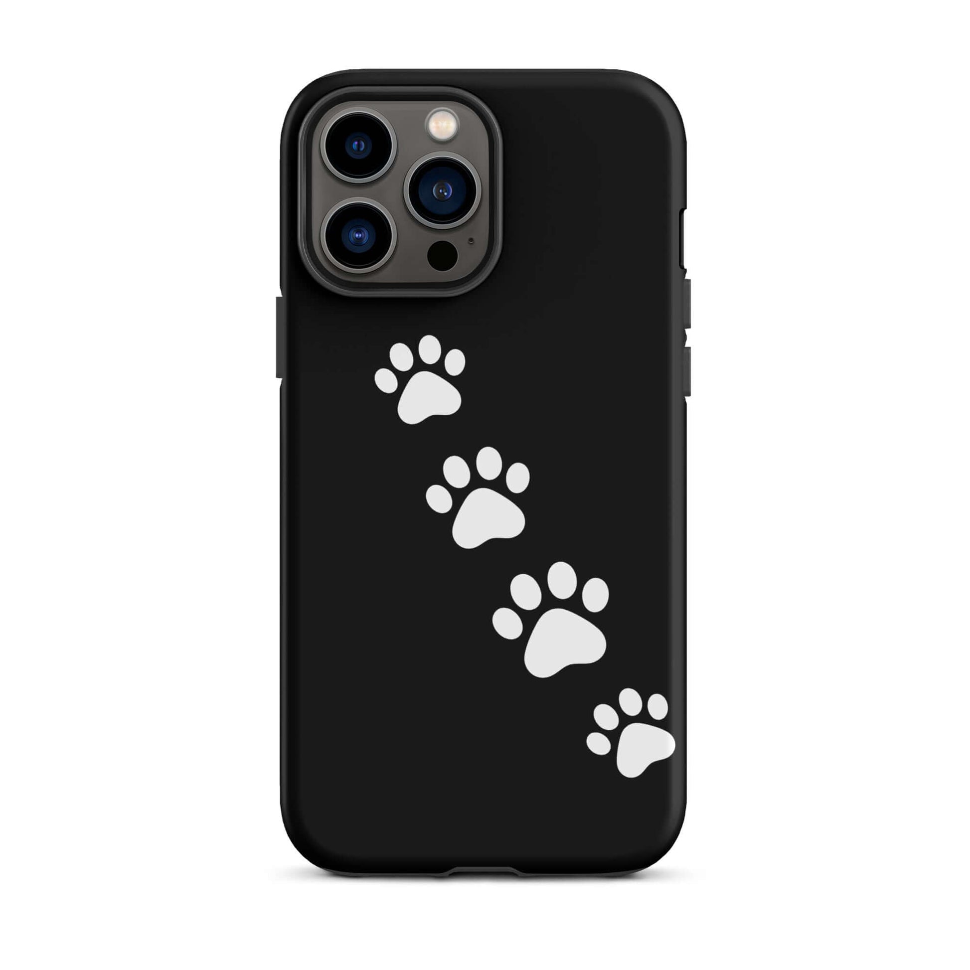 Phone case with paw-print trail design for iPhone, featuring white paw prints on a black background, perfect for pet lovers.