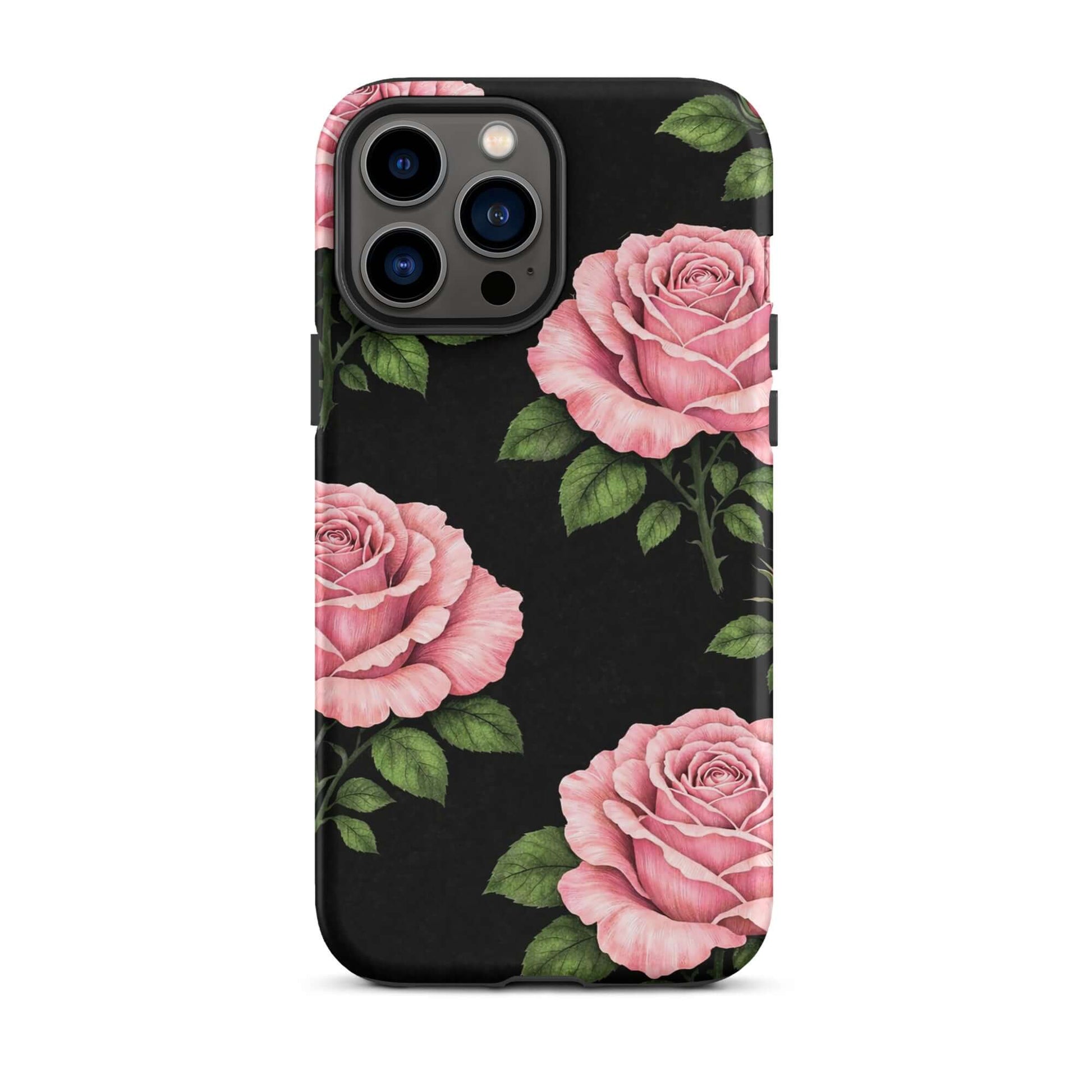 Phone Case featuring pink roses on a black background for iPhone. Elegant floral design with green leaves.