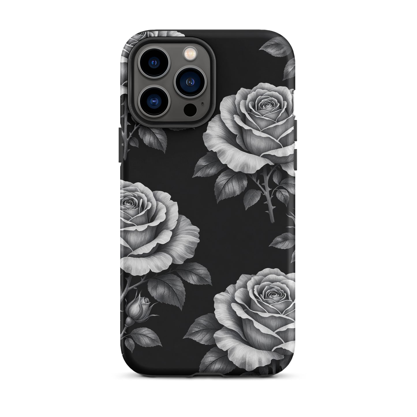 Phone Case with rose garden design on black background for iPhone, featuring hand-sketched style roses and leaves.