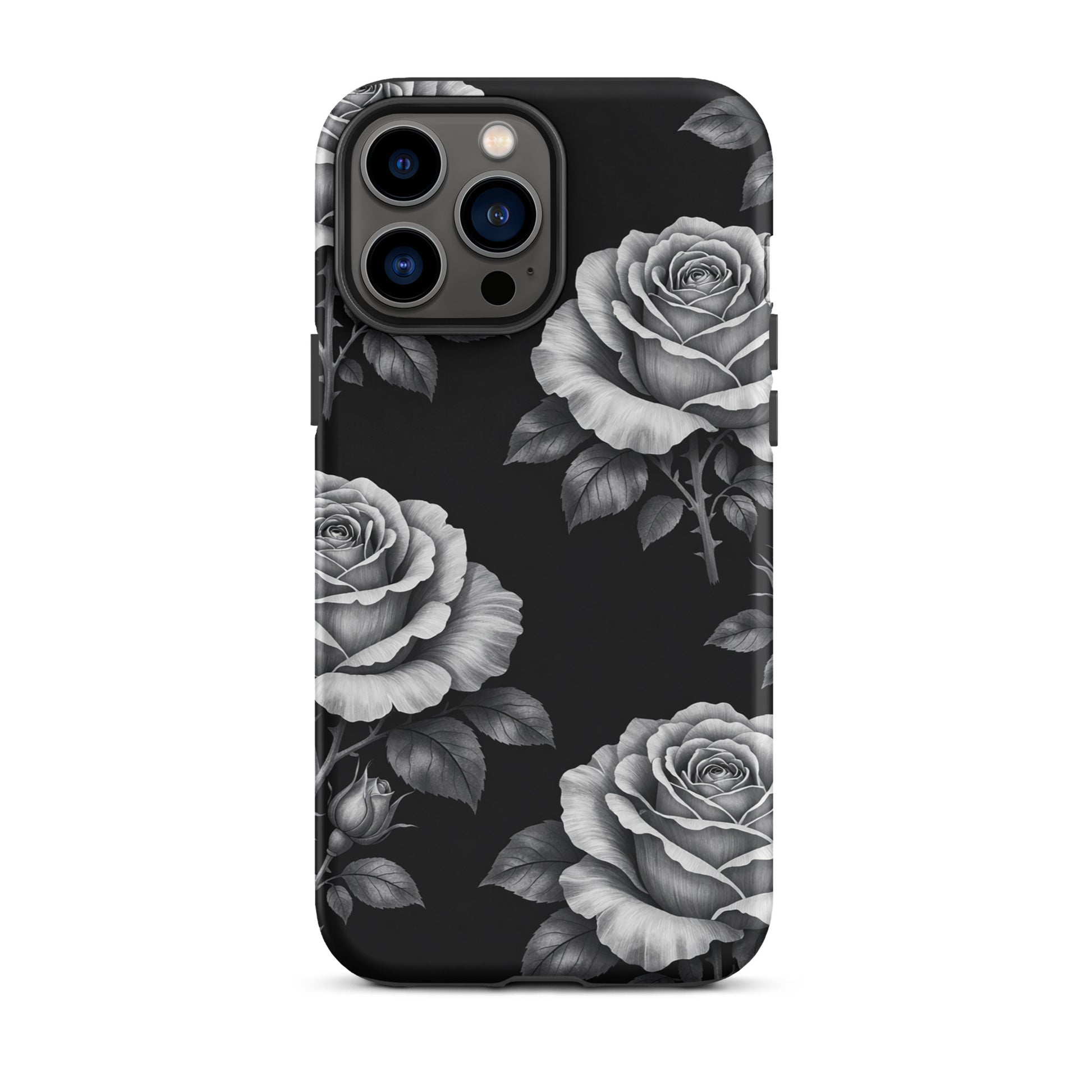 Phone Case with rose garden design on black background for iPhone, featuring hand-sketched style roses and leaves.