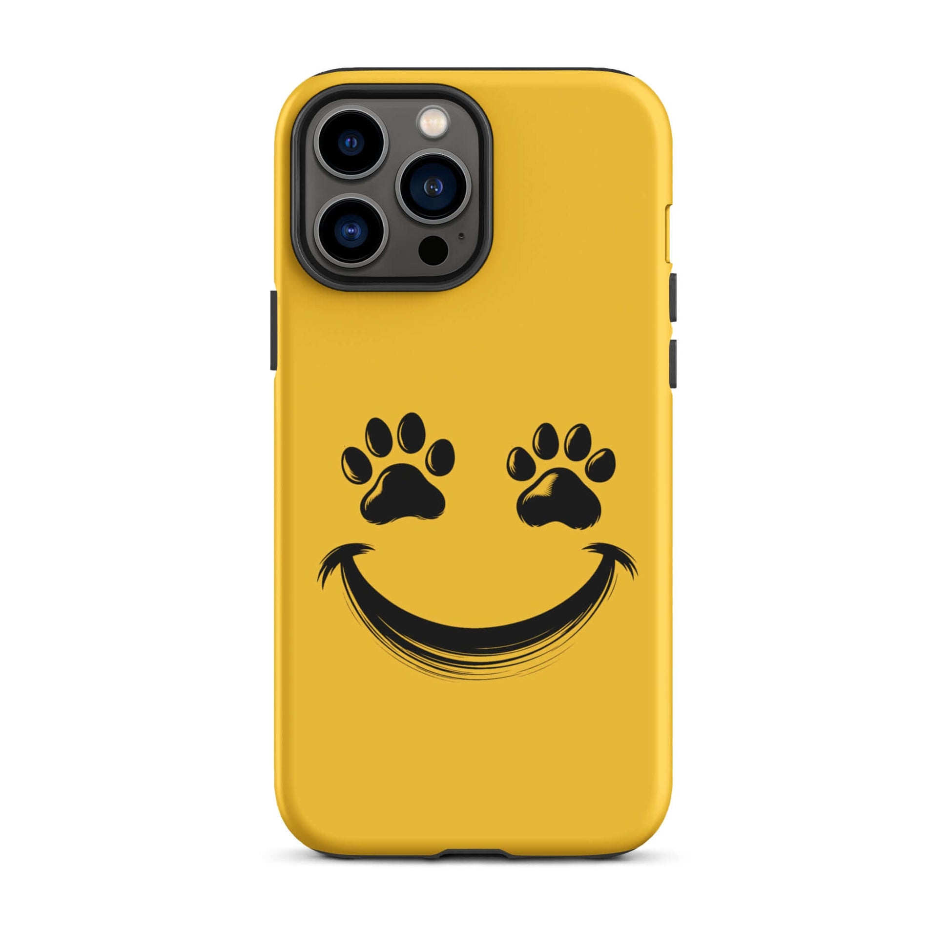 Phone Case for iPhone with Smiley Paw Print Face design for pet lovers, featuring cheerful paw eyes on durable yellow background.