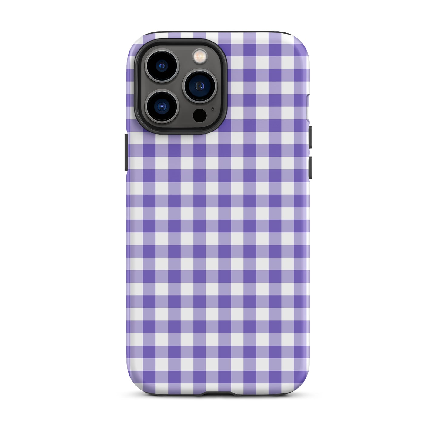Phone Case with purple-and-white gingham pattern for iPhone, offering stylish charm and protective luxury.