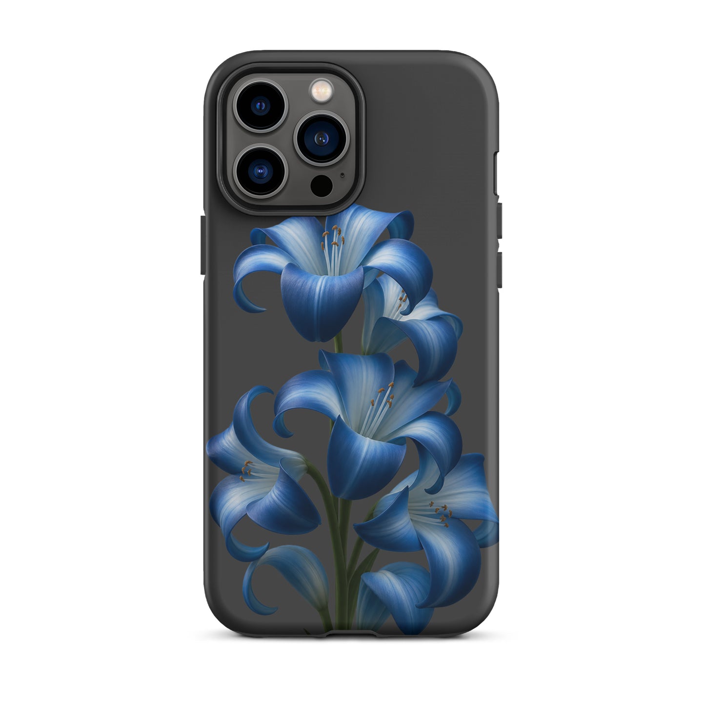 Phone Case with blue lily bloom art for iPhone, featuring a tough premium dual-layer design on a dark background.