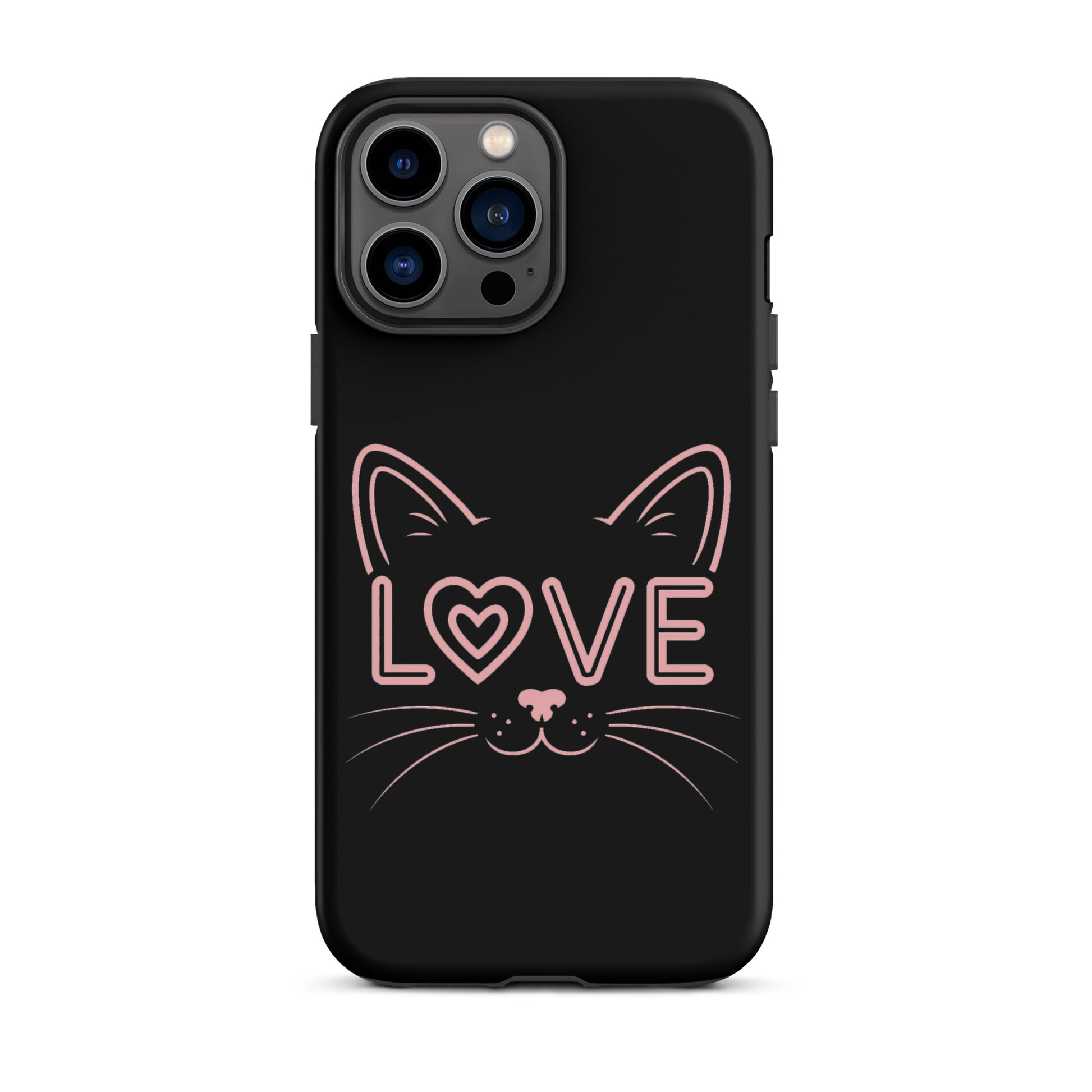 Cat Love phone case for iPhone with minimalist cat face and "love" text design.