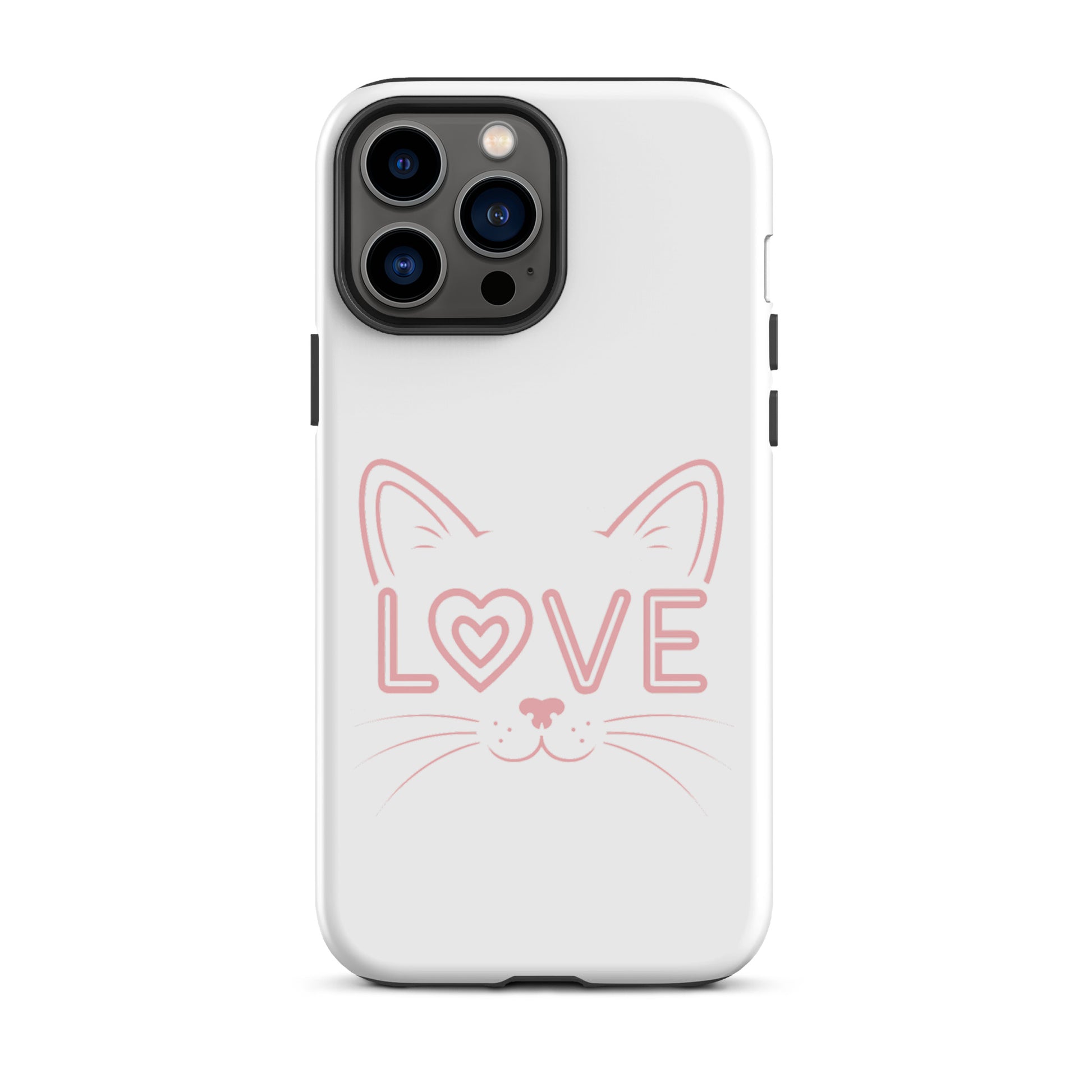Cat Love phone case for iPhone featuring minimalist cat face design with love in place of an eye, stylish and protective accessory.