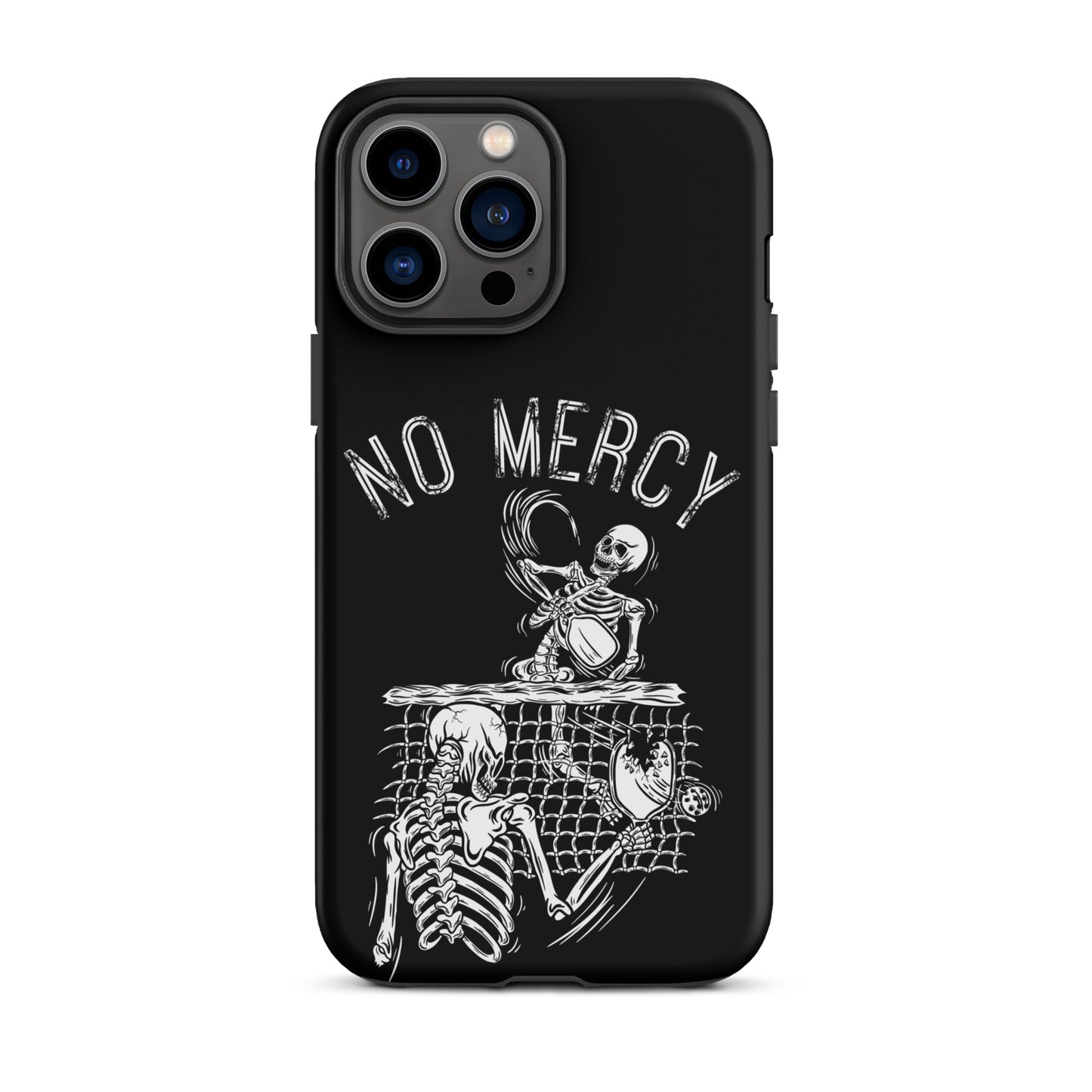Pickleball iPhone case with 'No Mercy' skeleton design, perfect for aggressive players.