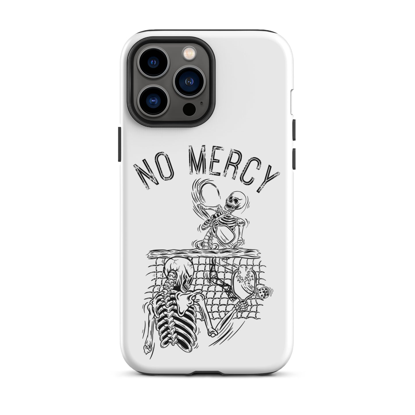 Pickleball iPhone case with 'No Mercy' design, featuring detailed skeleton artwork, offers intense protection for aggressive players.
