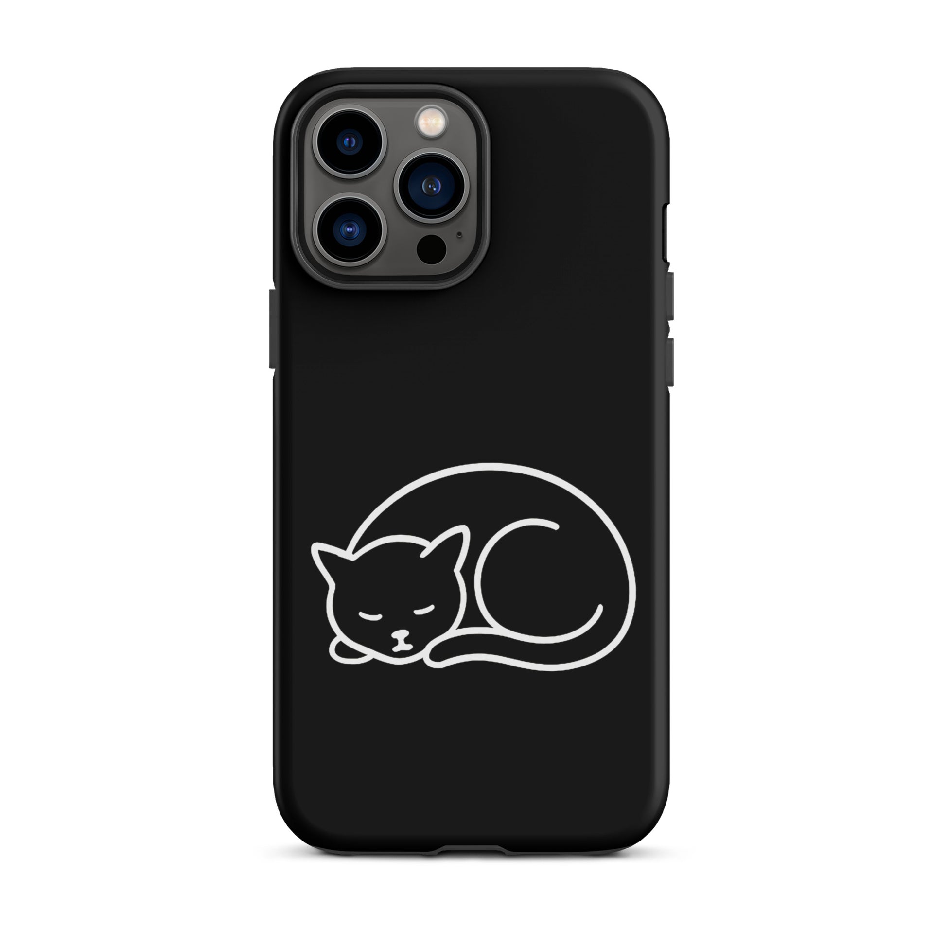 Minimalist curled-up cat design phone case for iPhone, featuring dual-layer protection, perfect for cat lovers.