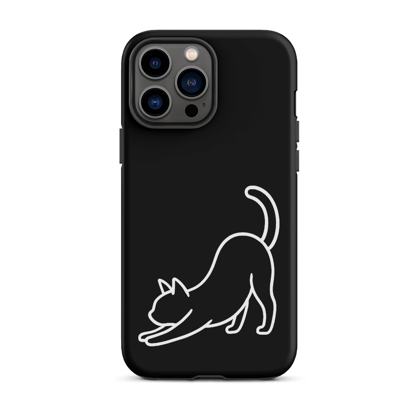 Phone Case for iPhone with minimalist stretching cat design, black background, protective and stylish for cat lovers.