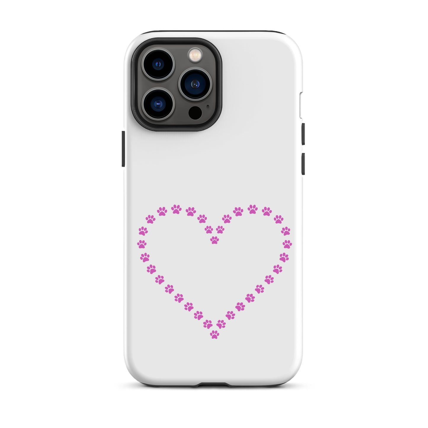 Phone Case with pink paw print heart design for pet lovers, fits iPhone, durable protection, perfect for cat and dog owners.