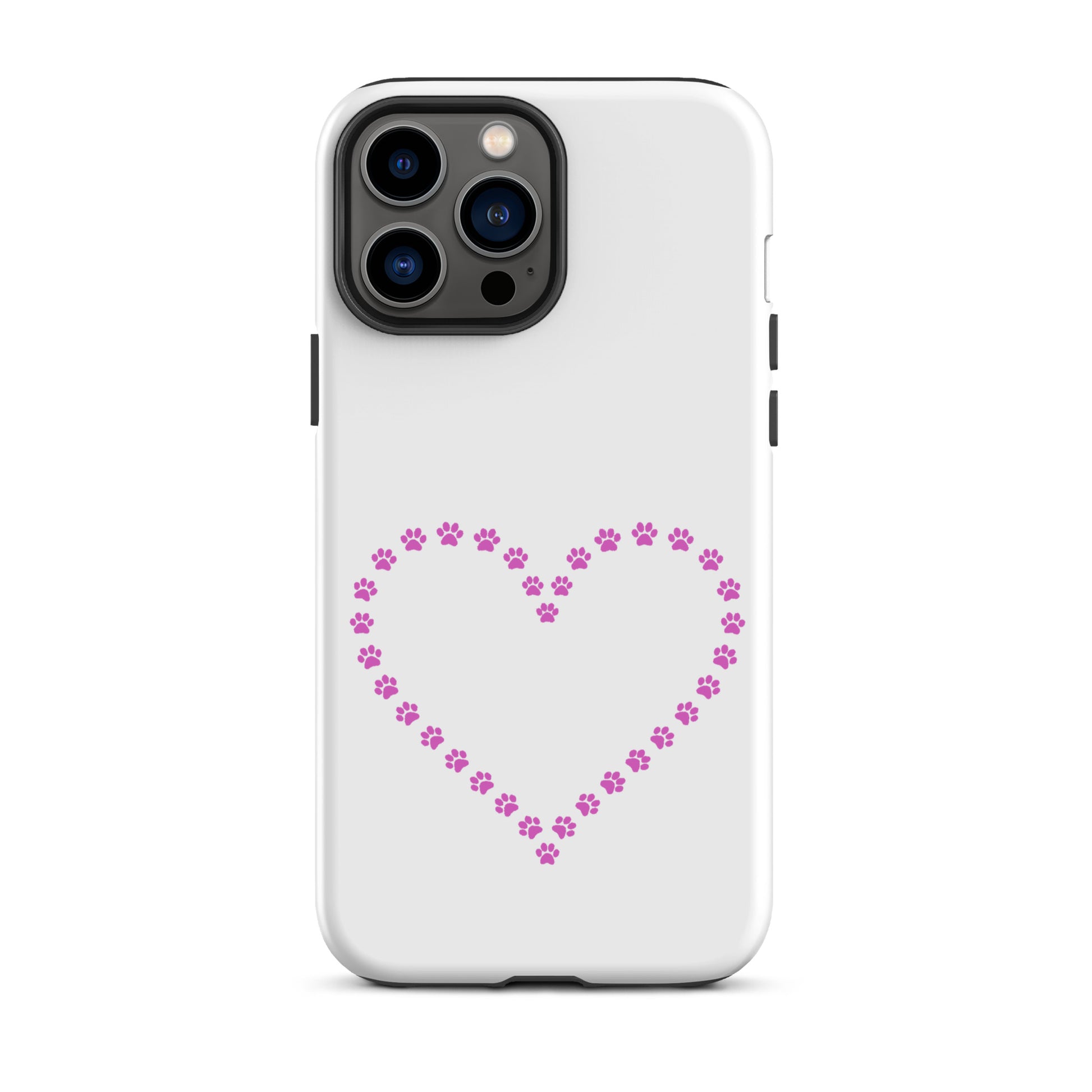 Phone Case with pink paw print heart design for pet lovers, fits iPhone, durable protection, perfect for cat and dog owners.