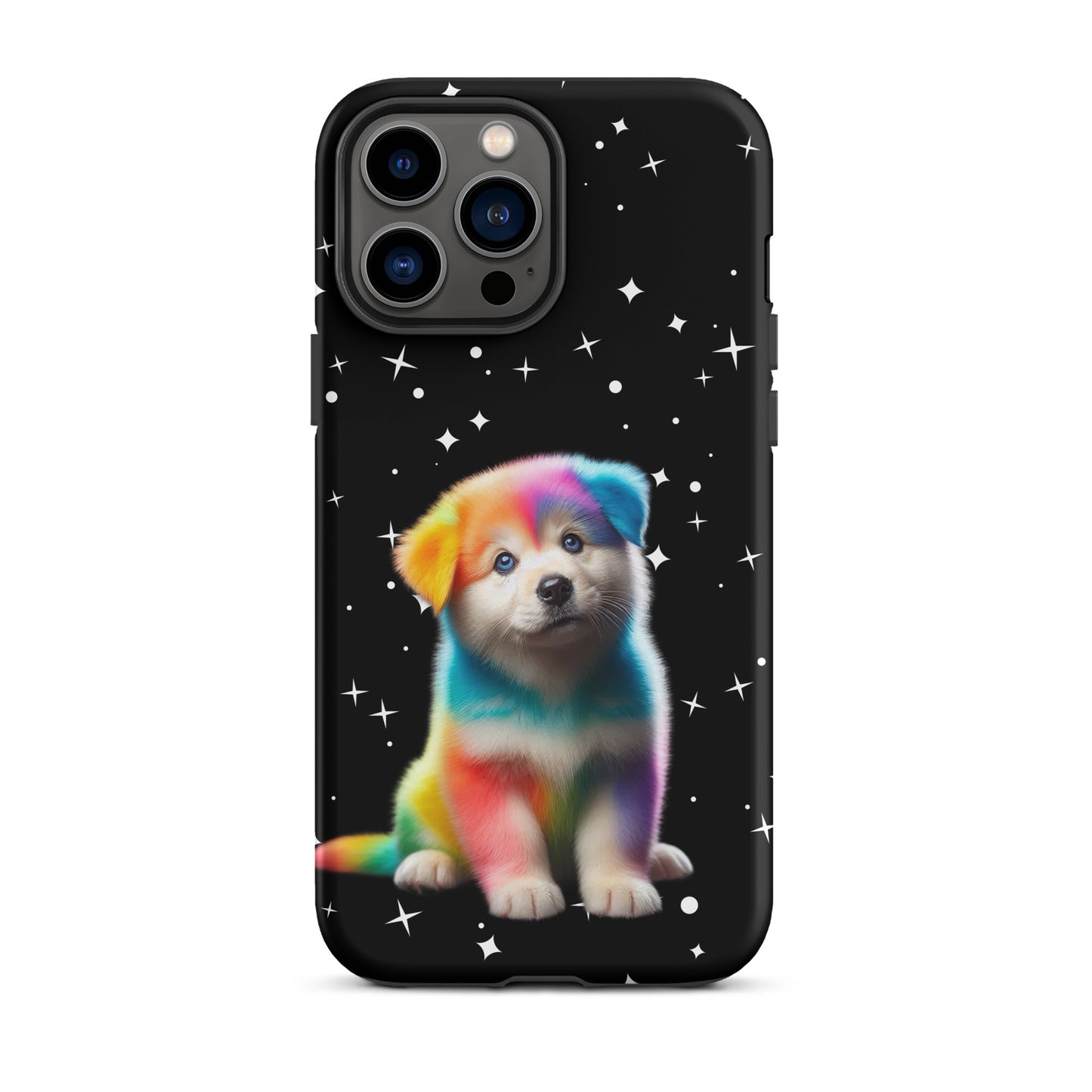 Vibrant Phone Case for iPhone featuring rainbow puppy and starry night design, blending colorful fantasy art with protection.