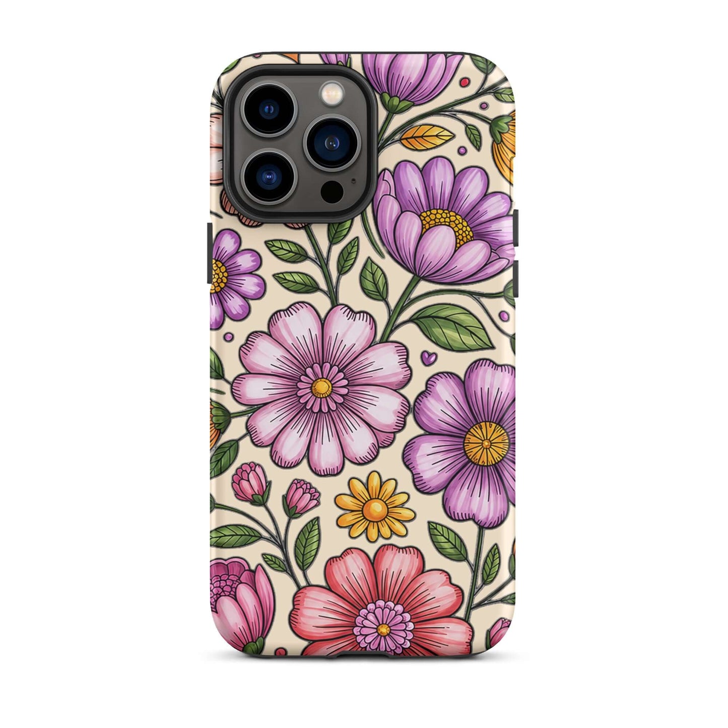 Phone Case for iPhone with pastel floral design featuring pink, peach, lavender, and yellow flowers on a deep background.