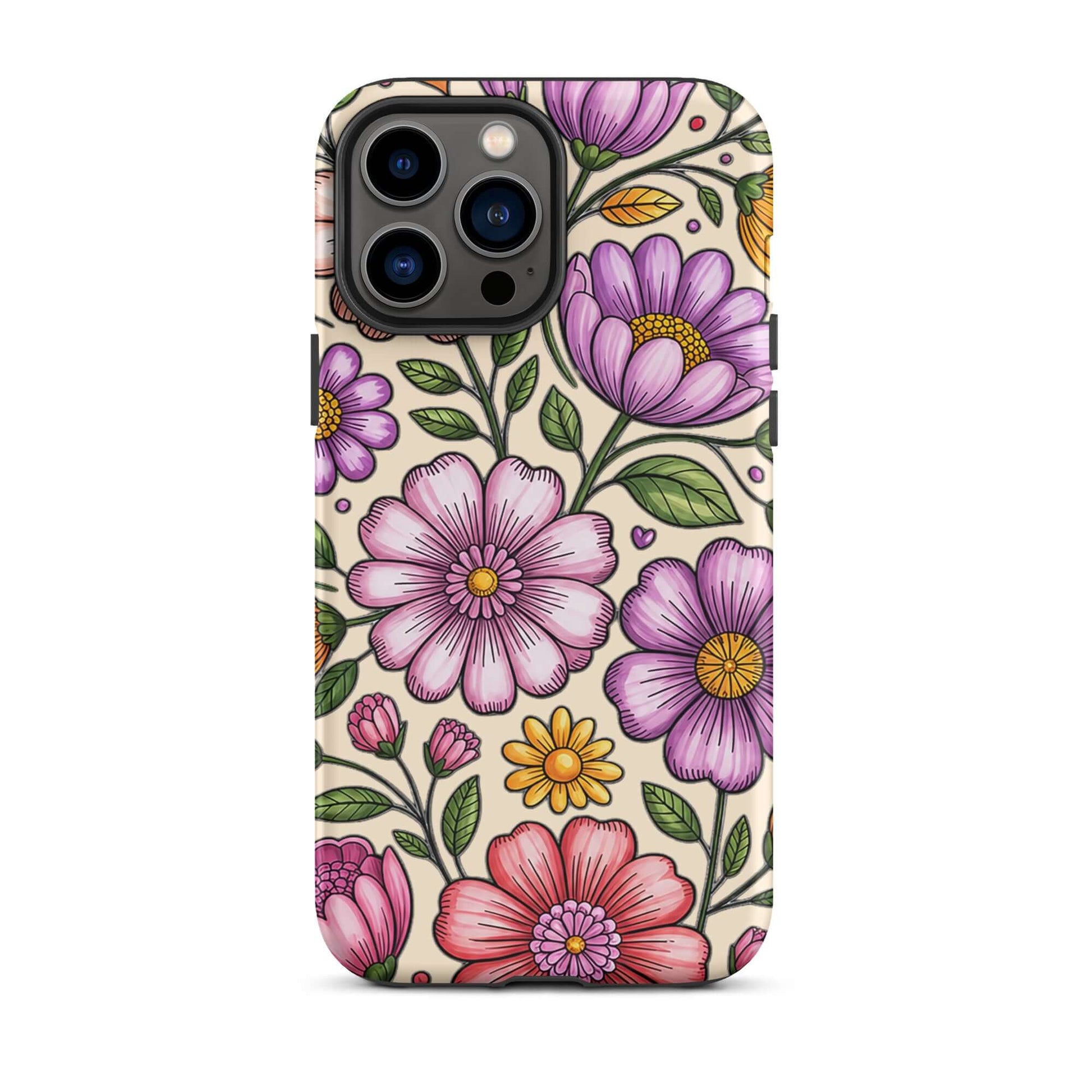 Phone Case for iPhone with pastel floral design featuring pink, peach, lavender, and yellow flowers on a deep background.