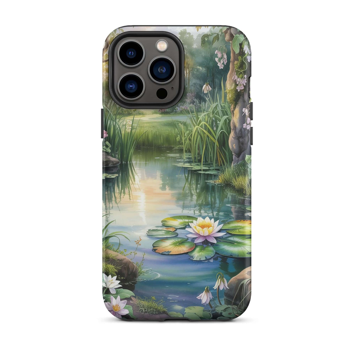 Phone Case with enchanted pond design, featuring lily-dotted pond, lush greenery, and soft sunset light.