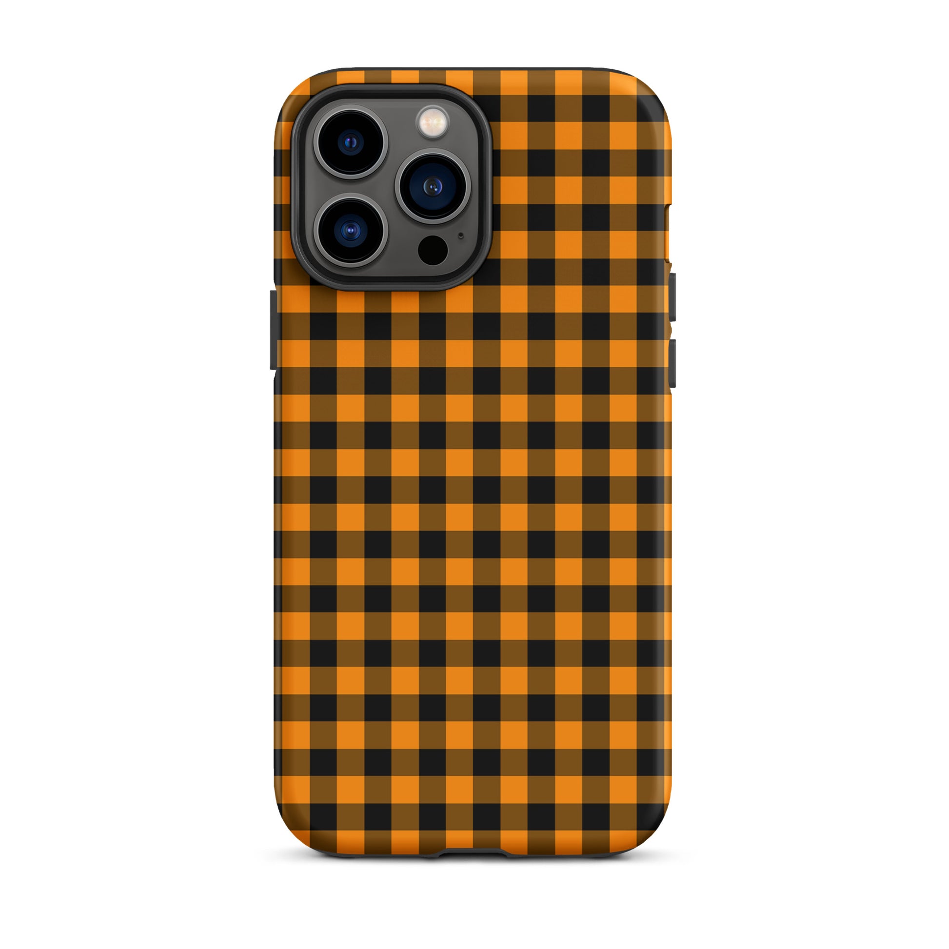 Black-and-orange gingham phone case for iPhone in autumn theme, durable and stylish accessory.