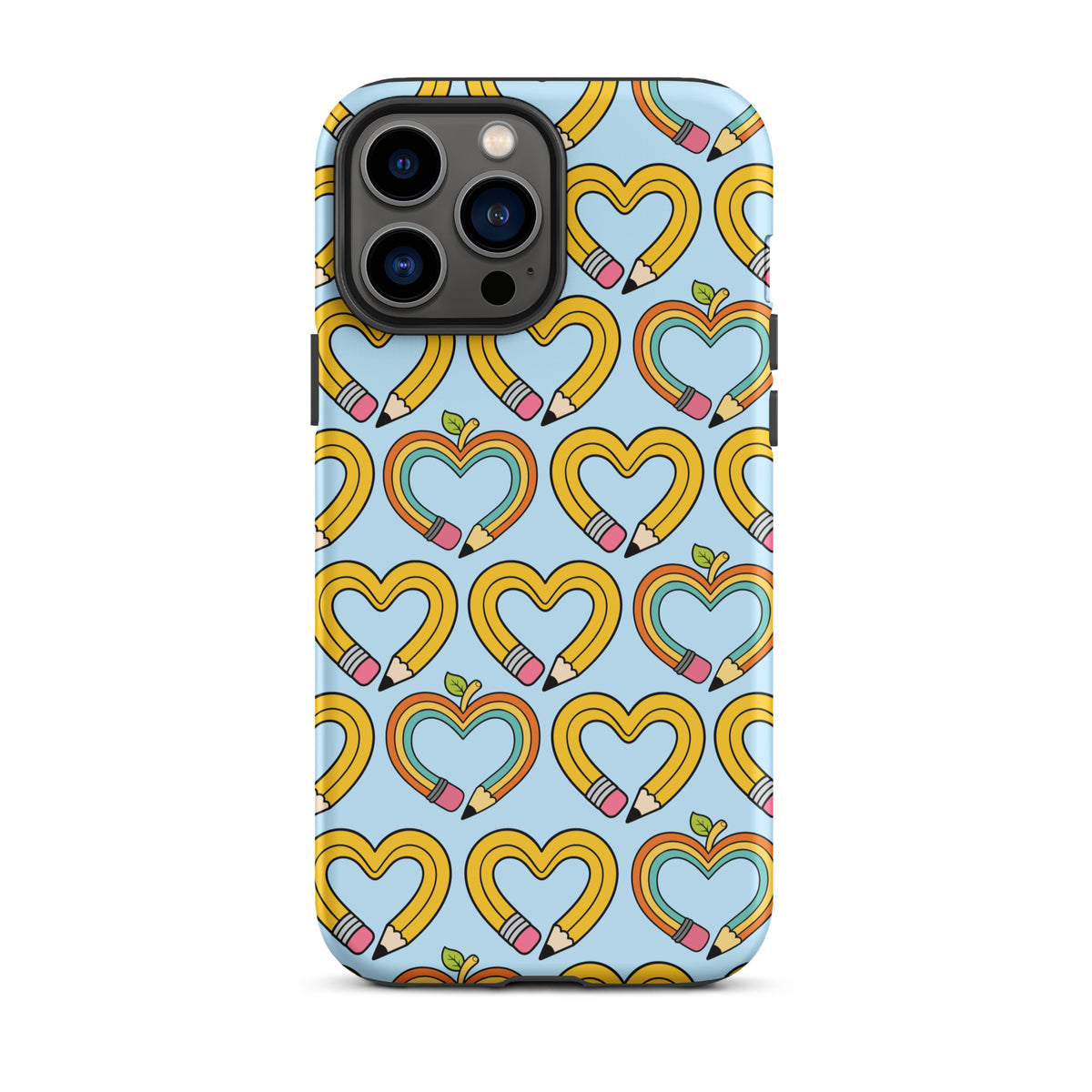 Phone Case with playful pencil-heart pattern for iPhone, featuring whimsical design with pencil-shaped hearts and green leaves.