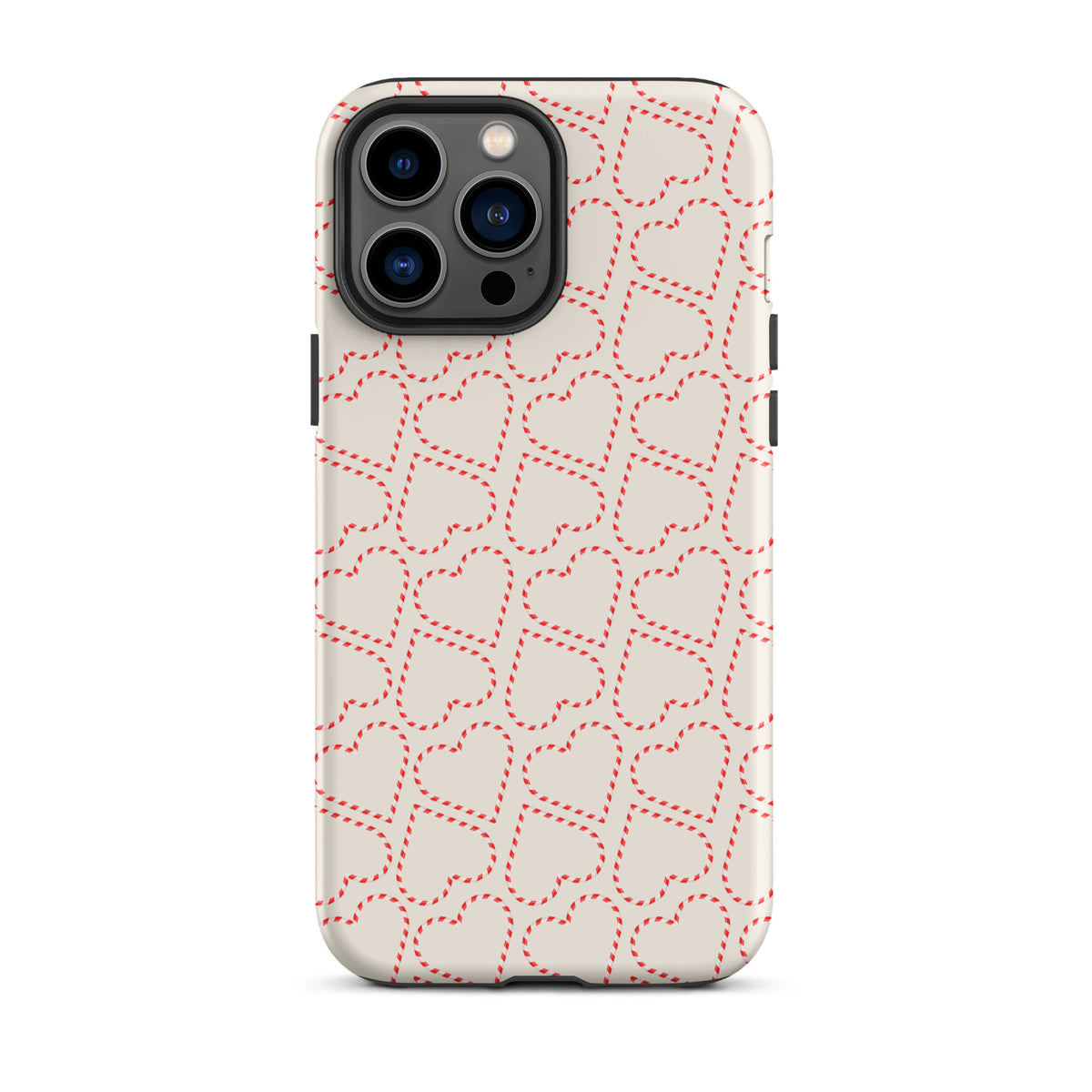 Phone Case for iPhone with holiday candy cane heart pattern in red and white, ideal for festive and cheerful winter celebrations.