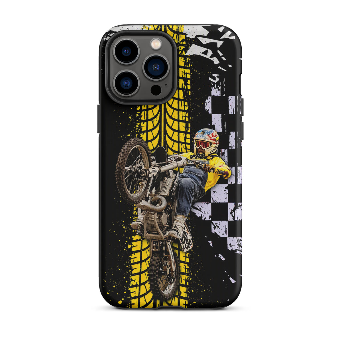Phone Case featuring Ronnie Mac air-wheelie design with yellow tire track and checkerboard for iPhone.