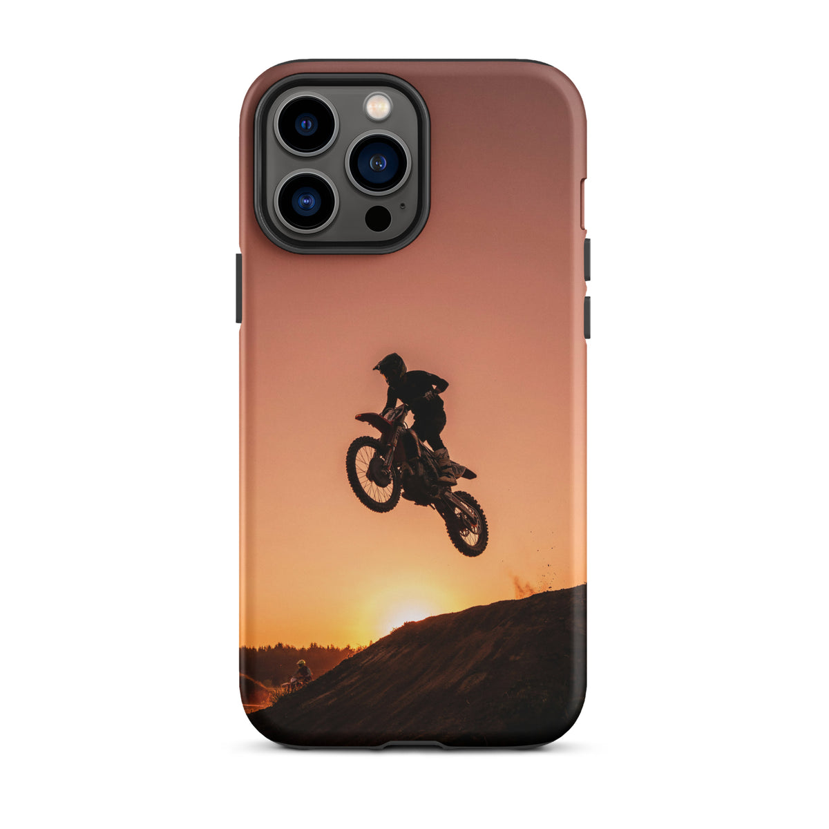 Phone Case with motocross sunset dirt bike design, iPhone accessory featuring a biker silhouette against a glowing sunset.