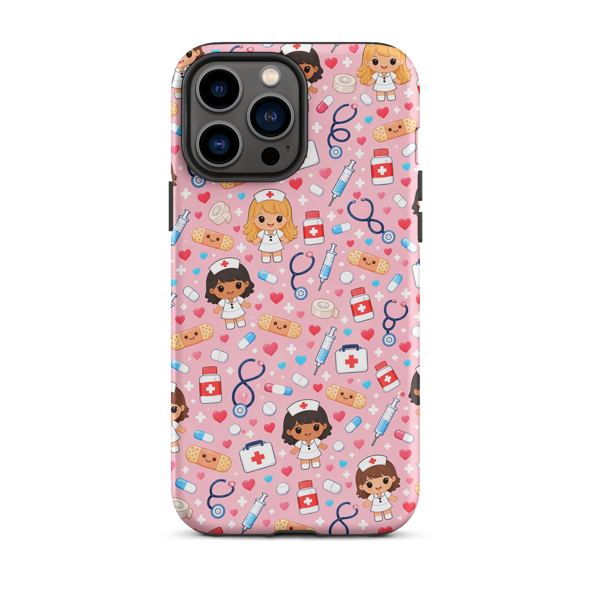 Phone Case for iPhone with cute kawaii nurse medical pattern on pink background with stethoscopes, syringes, and first aid kits.