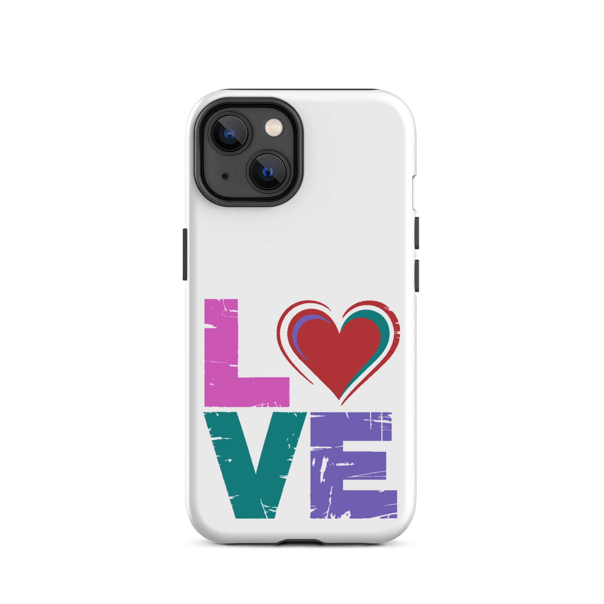 Love Tough Dual Layerd Case for iPhones featuring colorful 'LOVE' design with heart.