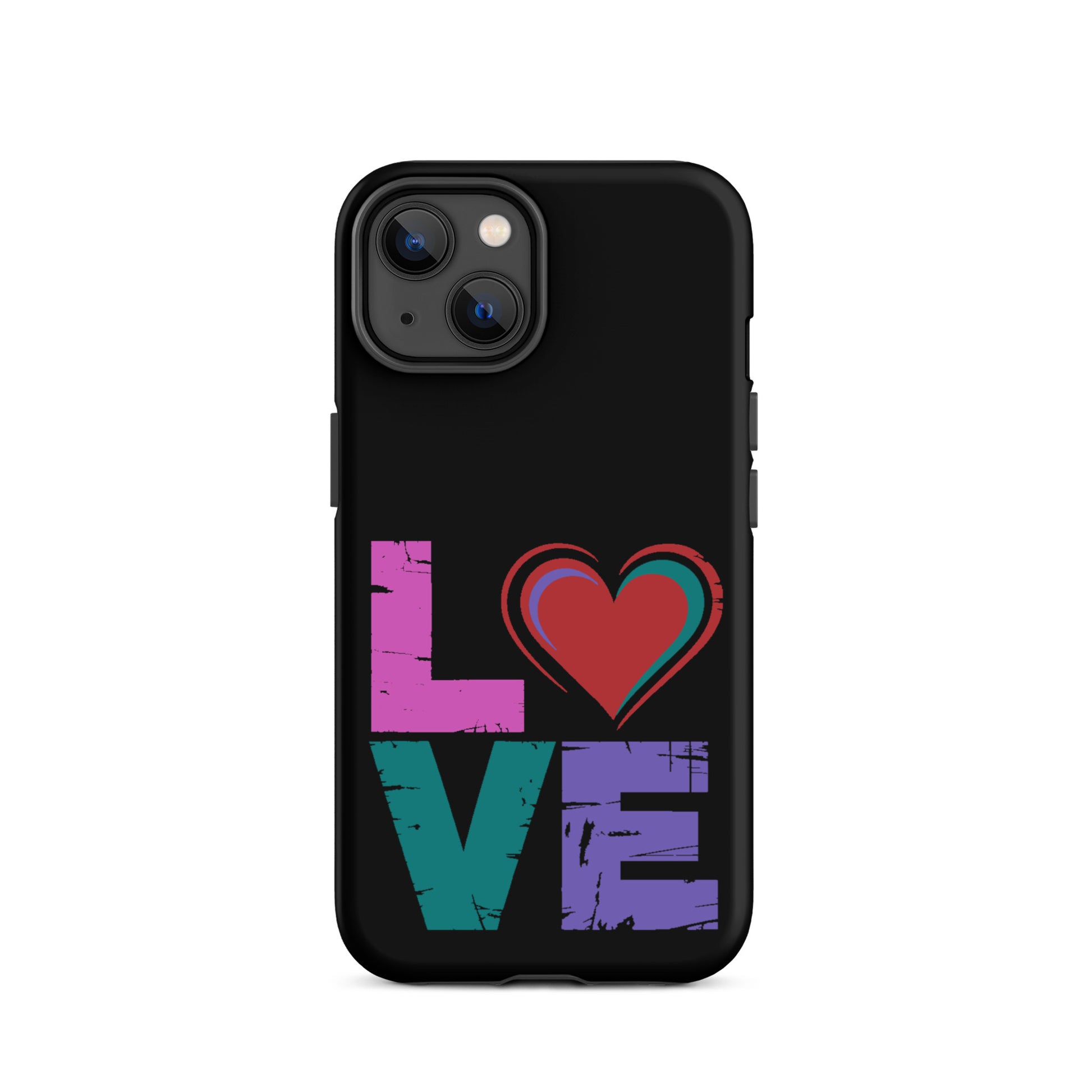 Love Tough Dual Layered Case for iPhones featuring colorful love design with heart.