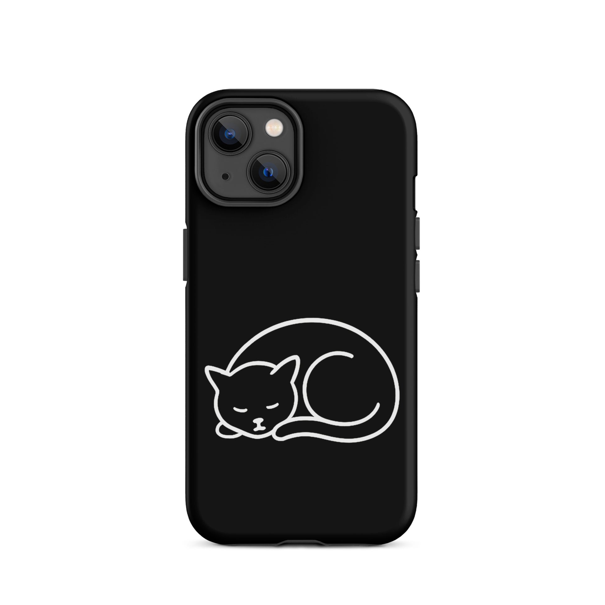 Phone case for iPhone featuring a minimalist curled-up cat design on a sleek black background.