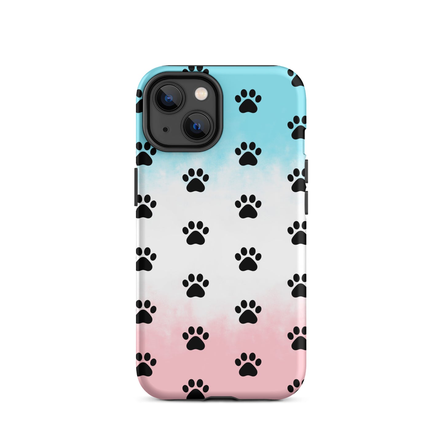 Phone Case for iPhone featuring a playful paw print pattern on a gradient background with teal and pink hues.