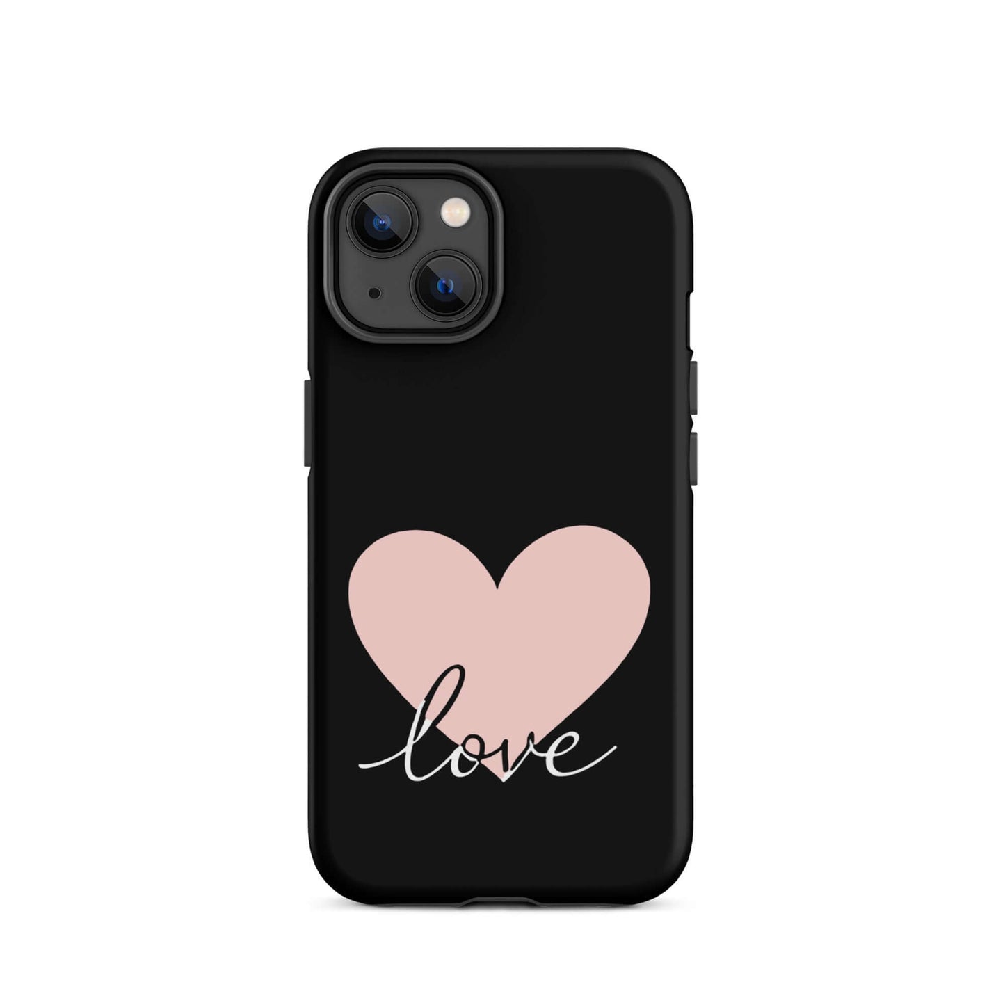 Phone Case for iPhone featuring heart and script love design on a sleek black background.