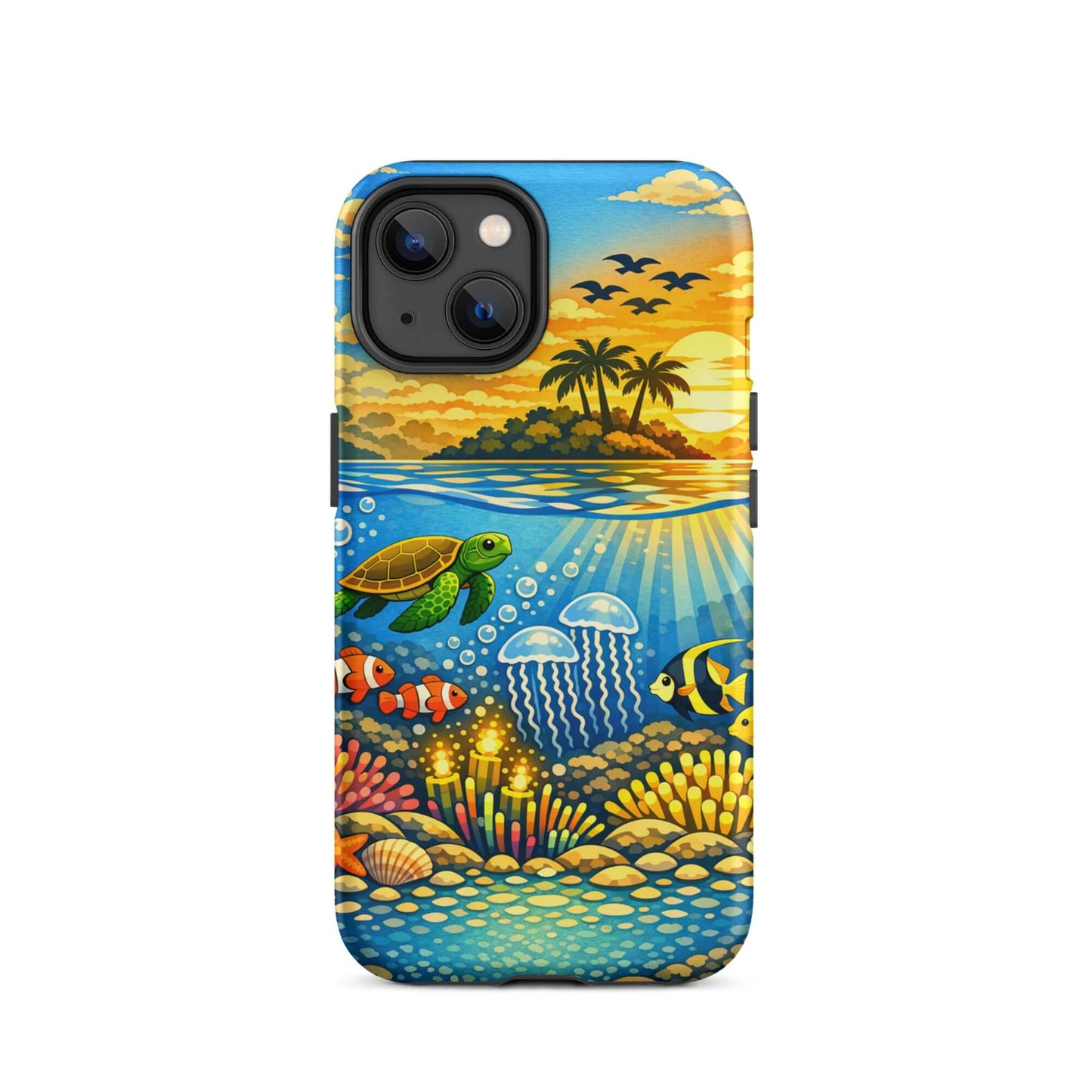 Phone Case featuring tropical sunset and colorful underwater reef scene with sea life.