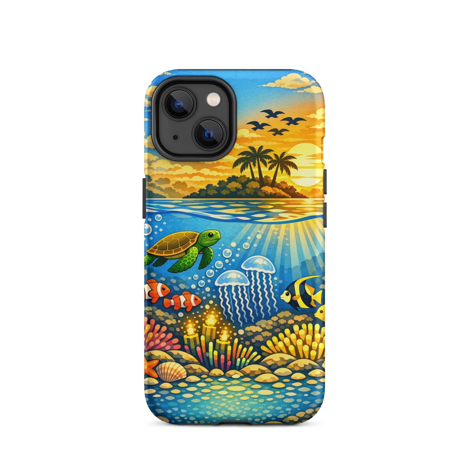 Phone Case featuring tropical sunset and colorful underwater reef scene with sea life.