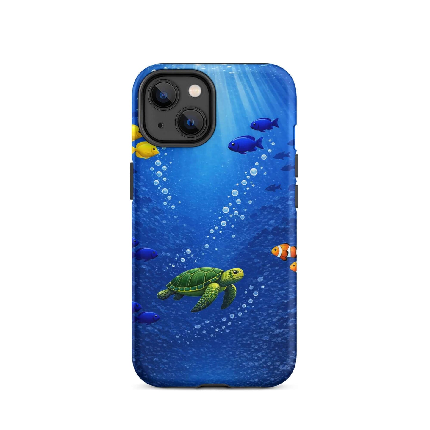Phone Case featuring a sea turtle design in deep blue water with colorful fish, perfect for iPhone.