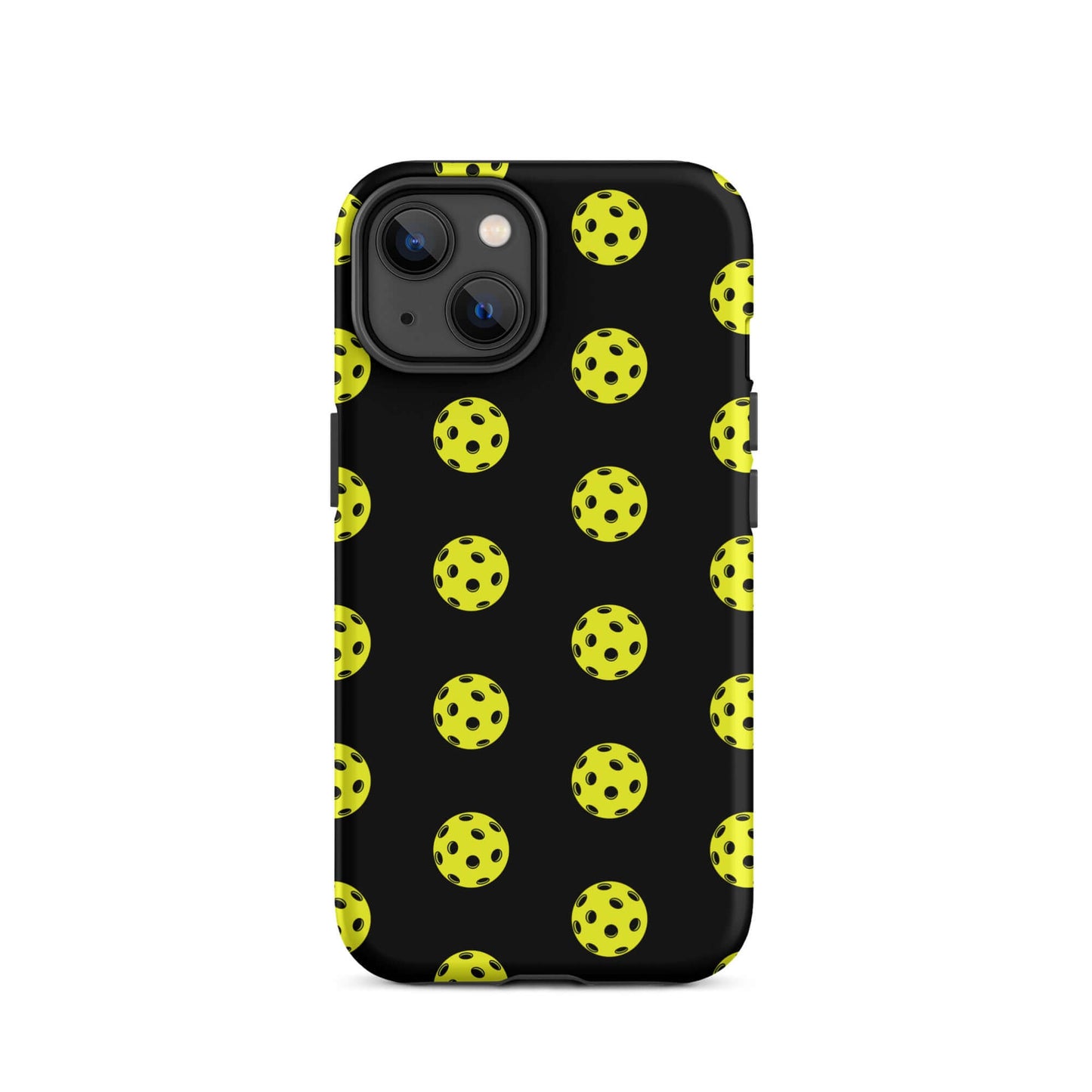 Phone Case featuring a pickleball pattern on a black background, perfect for sport enthusiasts.