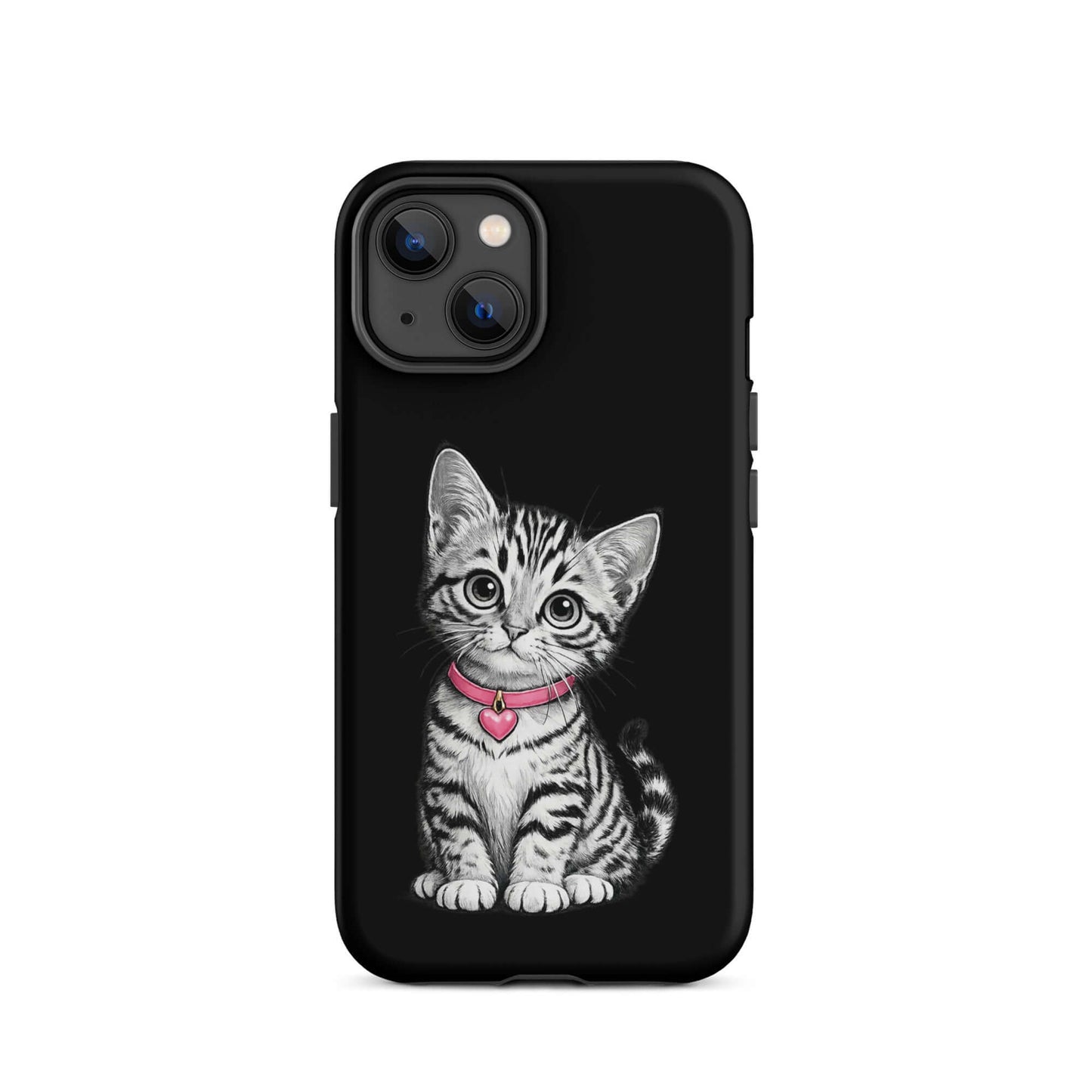 Phone Case for iPhone featuring pencil sketch kitten with pink heart charm, black-and-white design with artistic charm.
