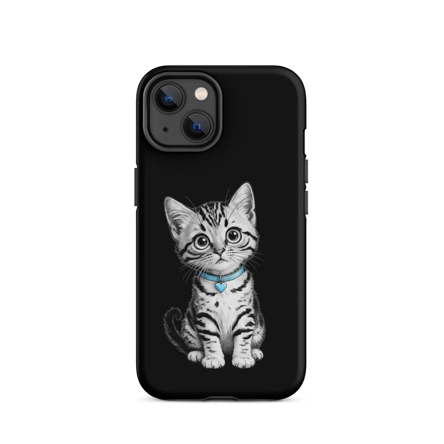 Phone Case for iPhone with kitten sketch and blue heart charm, highlighting cat design and premium protection.