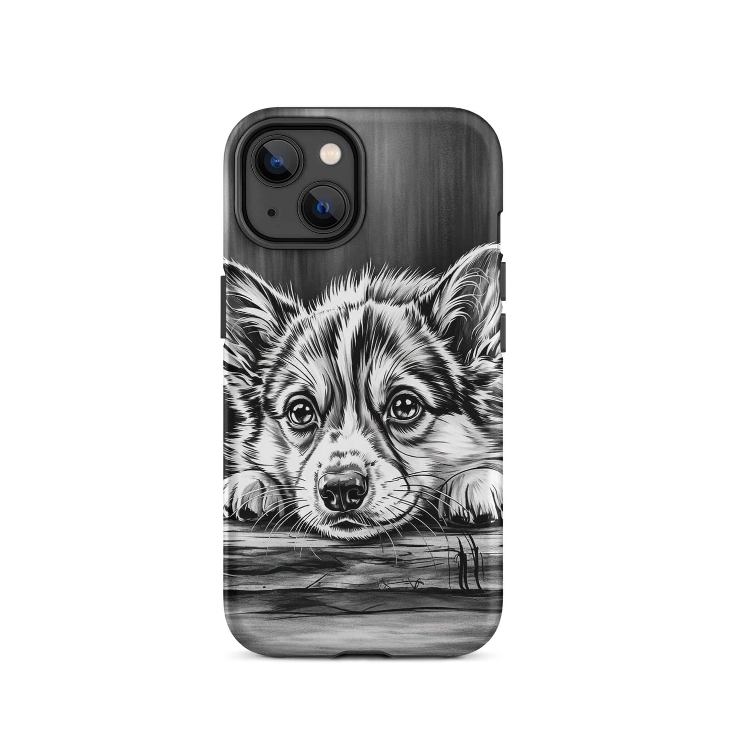 Phone Case for iPhone with elegant black-and-white puppy illustration on aged wood, offering artistic charm and premium protection.