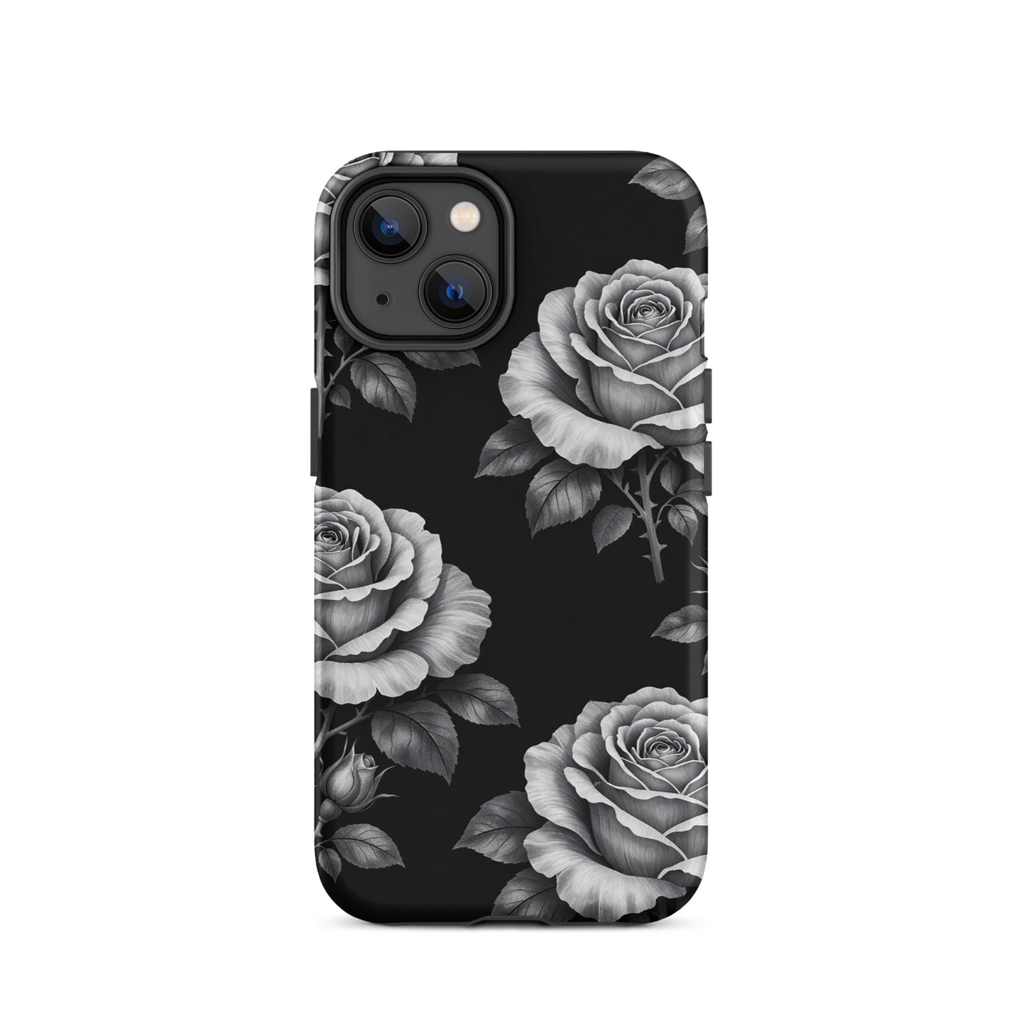 Phone Case for iPhone: Rose Garden Tough Case with floral pattern on black background.