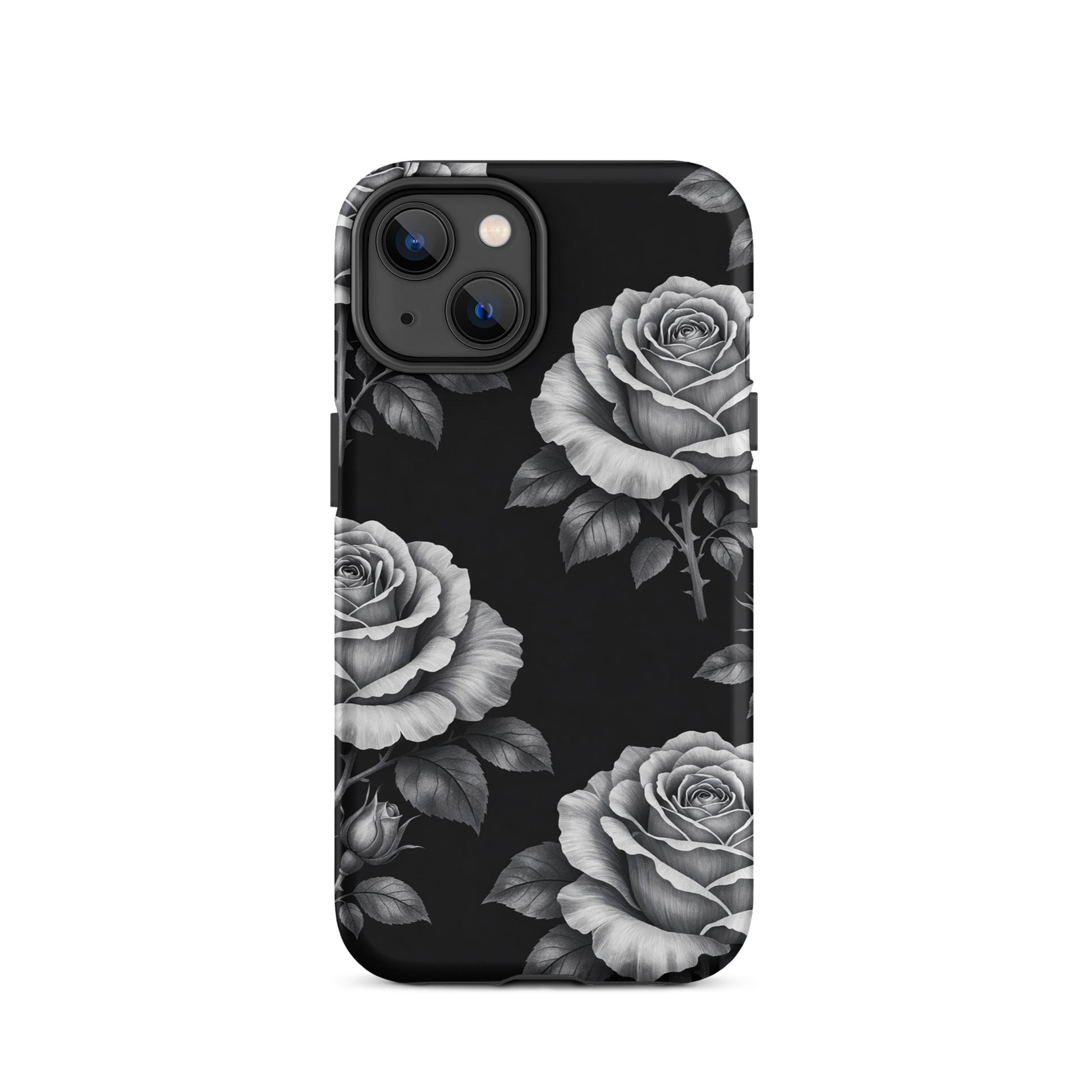 Phone Case for iPhone: Rose Garden Tough Case with floral pattern on black background.