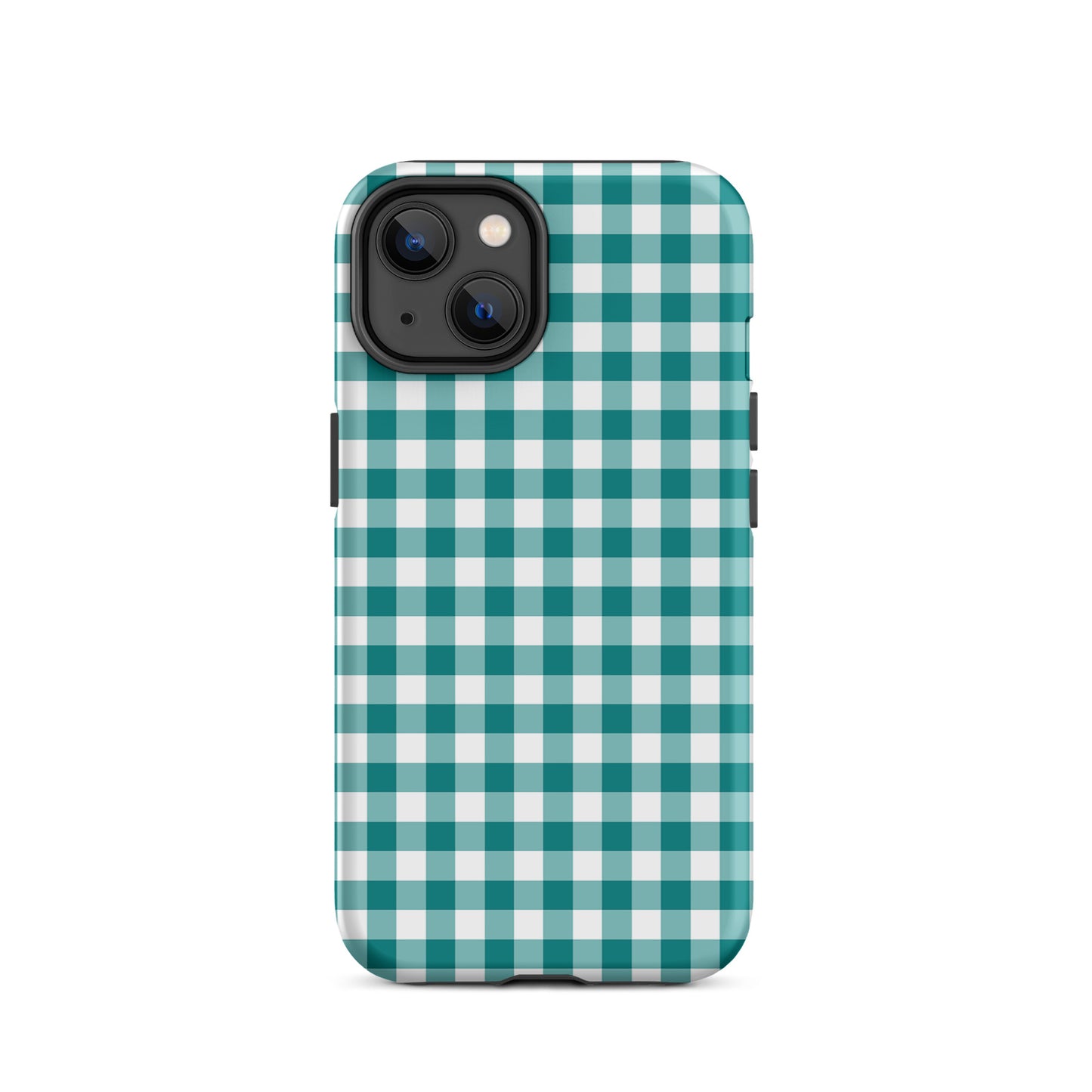 Phone Case for iPhone with teal and white gingham pattern, offering stylish charm and durable protection.