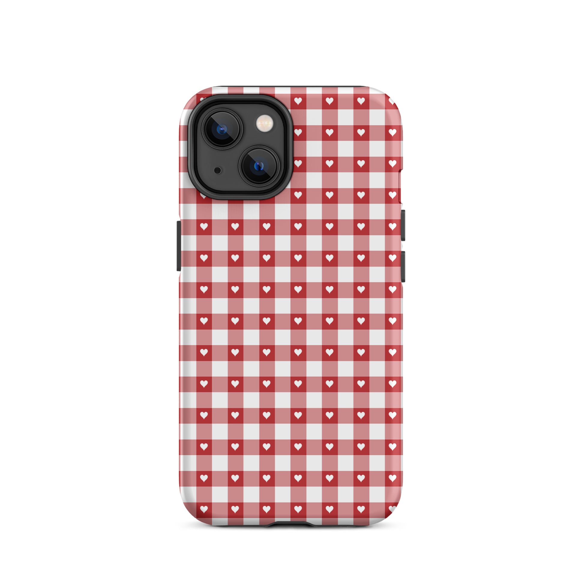 Phone Case with red-and-white gingham pattern and white hearts, designed for iPhone, combines protection with chic style.