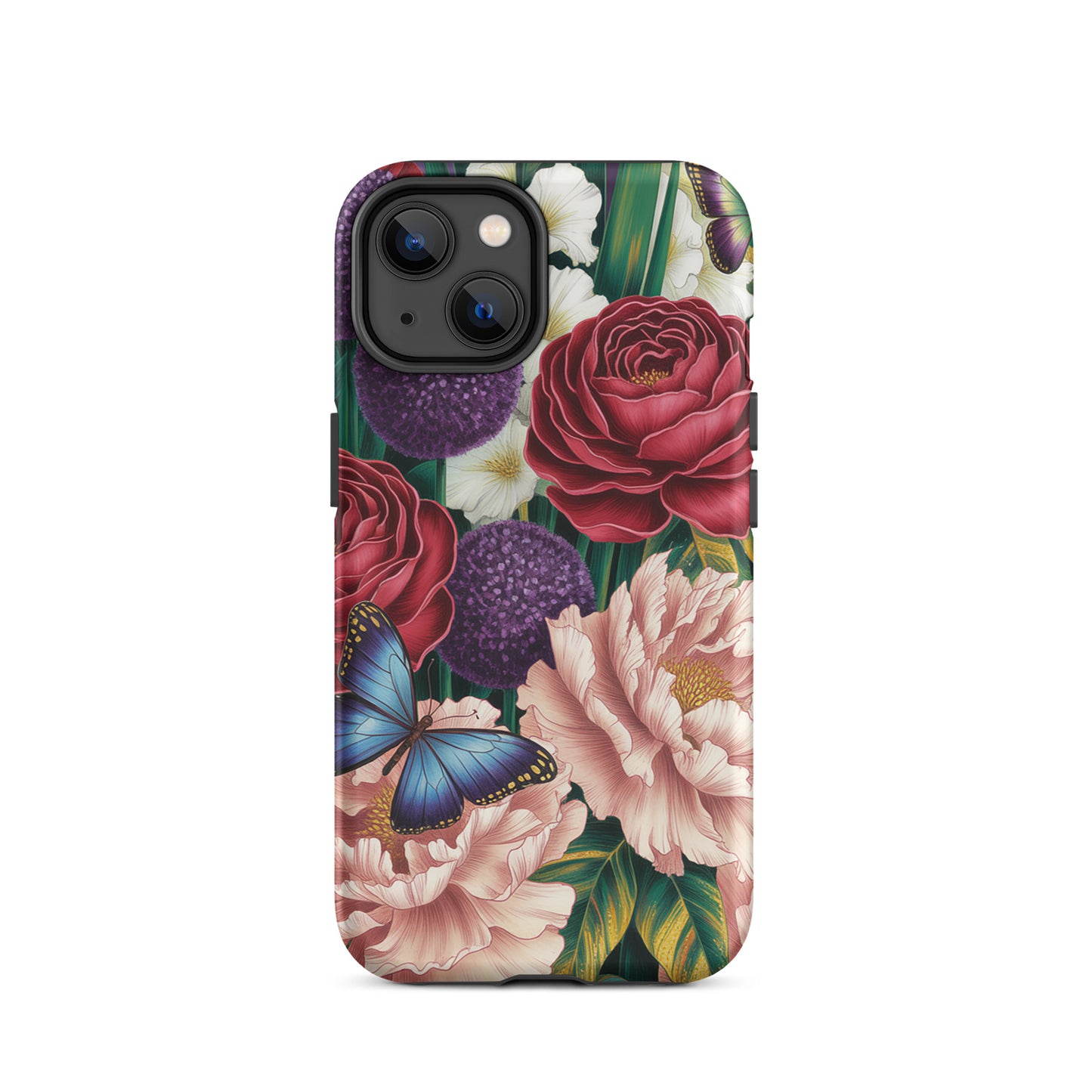 Phone Case for iPhone featuring botanical garden design with red roses, pink peonies, purple alliums, and blue butterflies.