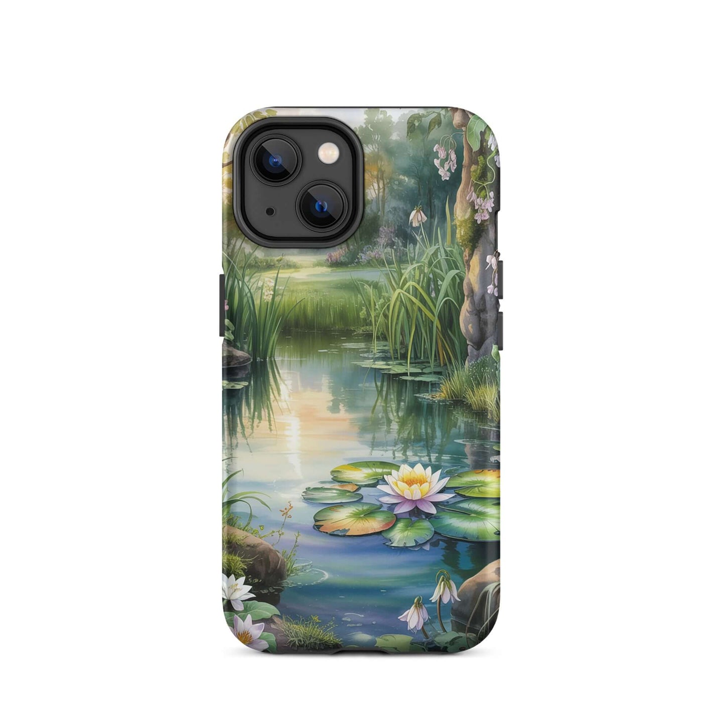 Phone Case for iPhone with Enchanted Pond design, featuring a tranquil lily pond with sunset reflections and lush greenery.