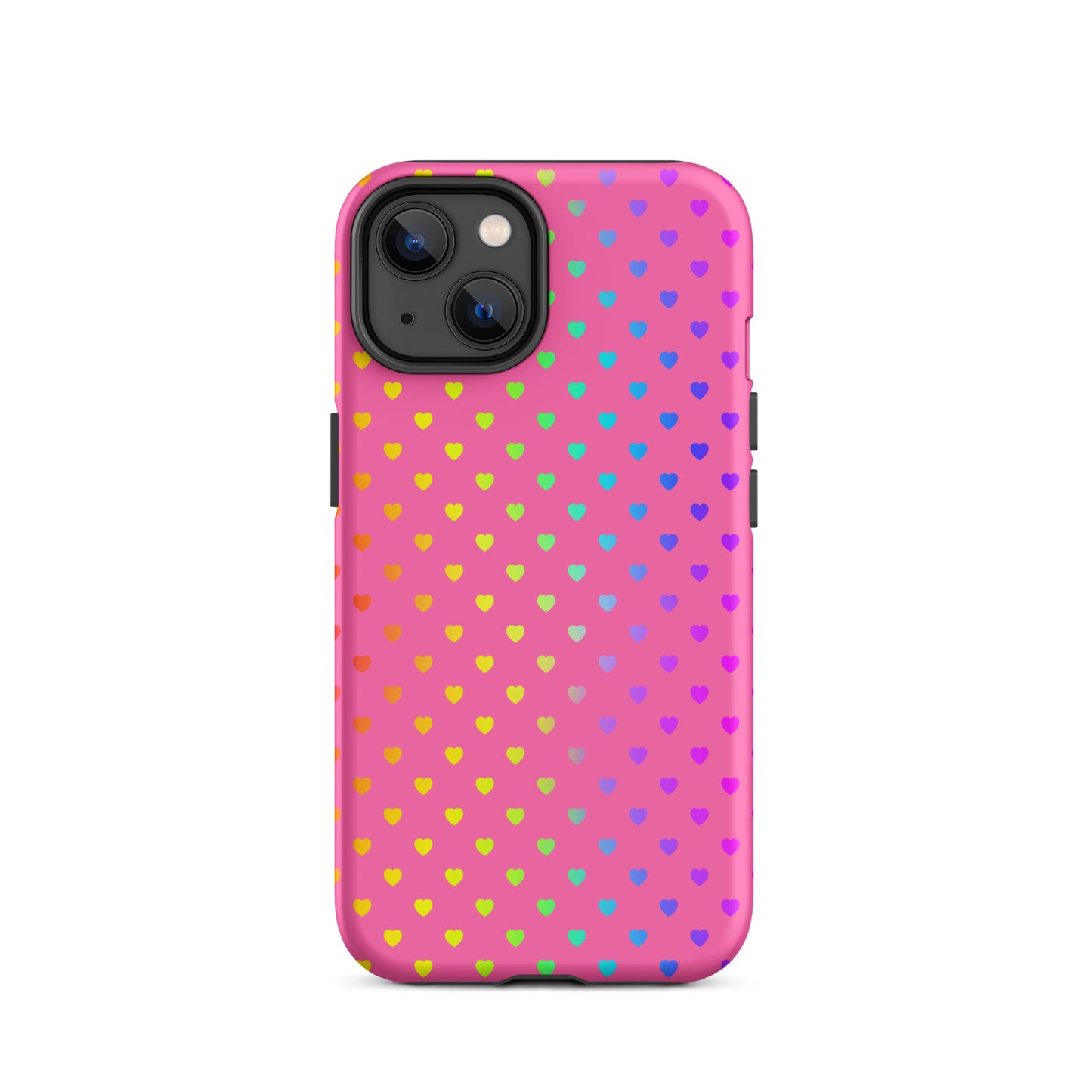 Phone Case for iPhone with cute rainbow hearts on pink background, dual-layer protection, colorful and cheerful design.