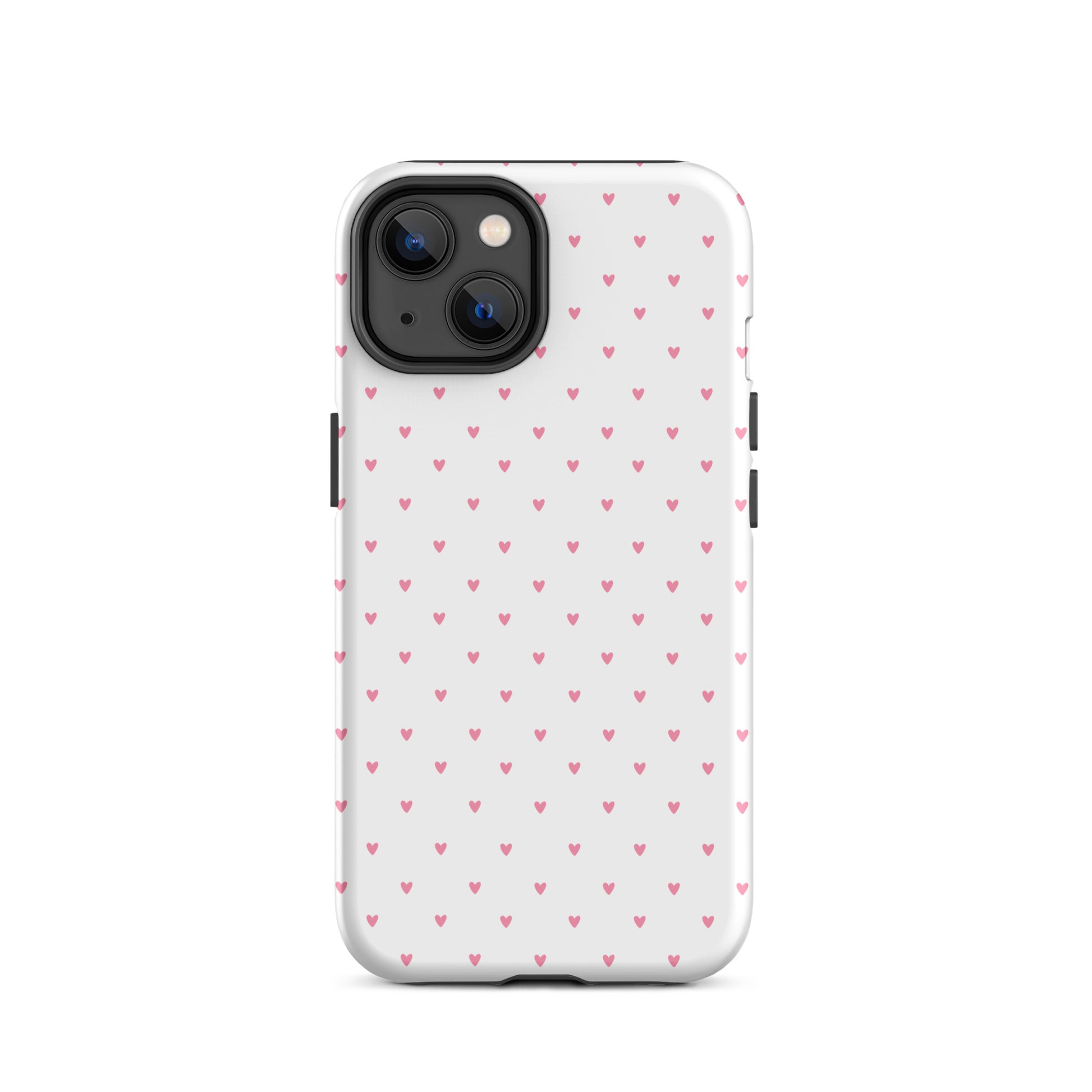 Phone Case with playful heart-dot pattern for iPhone, featuring tiny pink hearts on a white background, stylish and modern design.